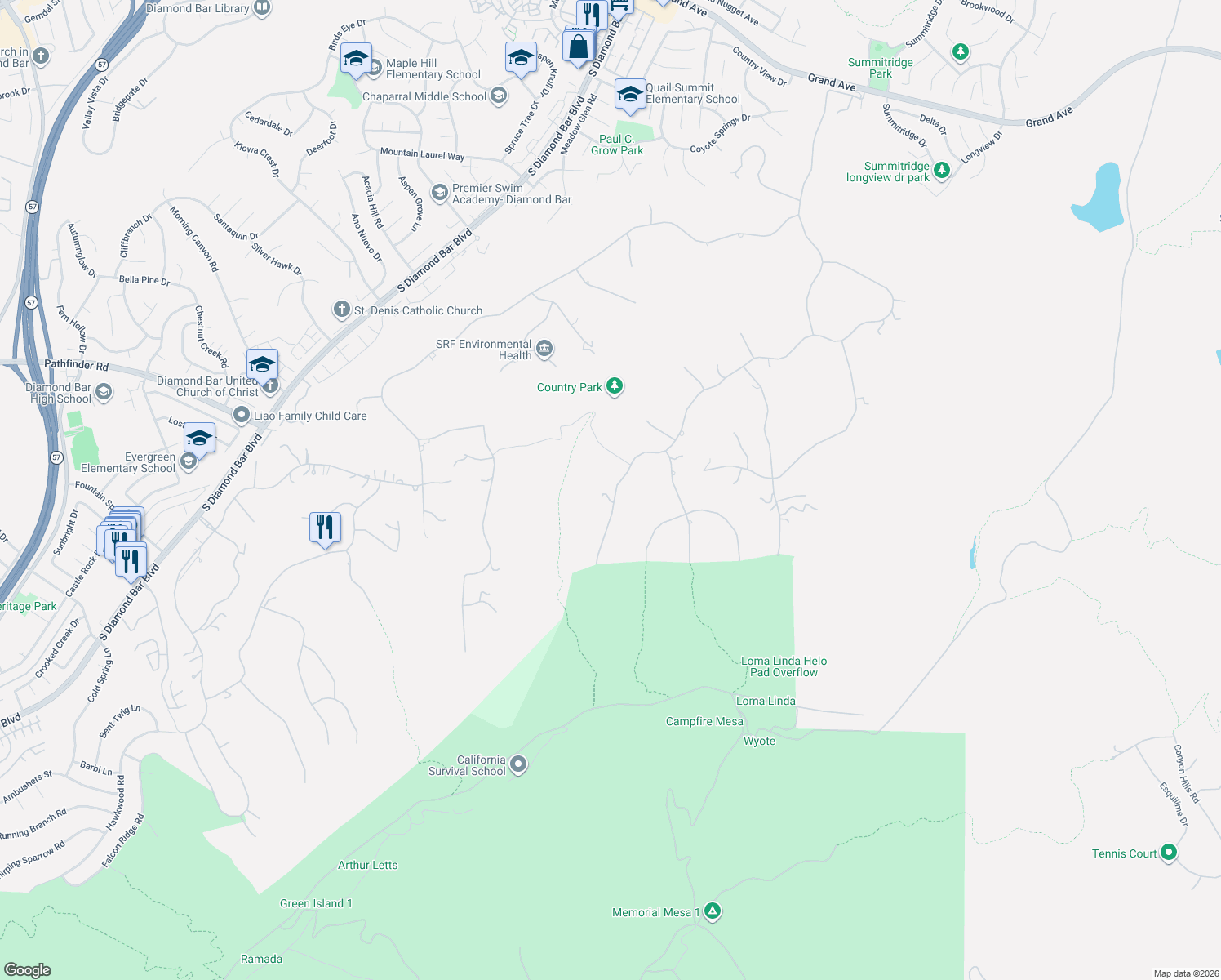 map of restaurants, bars, coffee shops, grocery stores, and more near 2605 Indian Creek Road in Diamond Bar
