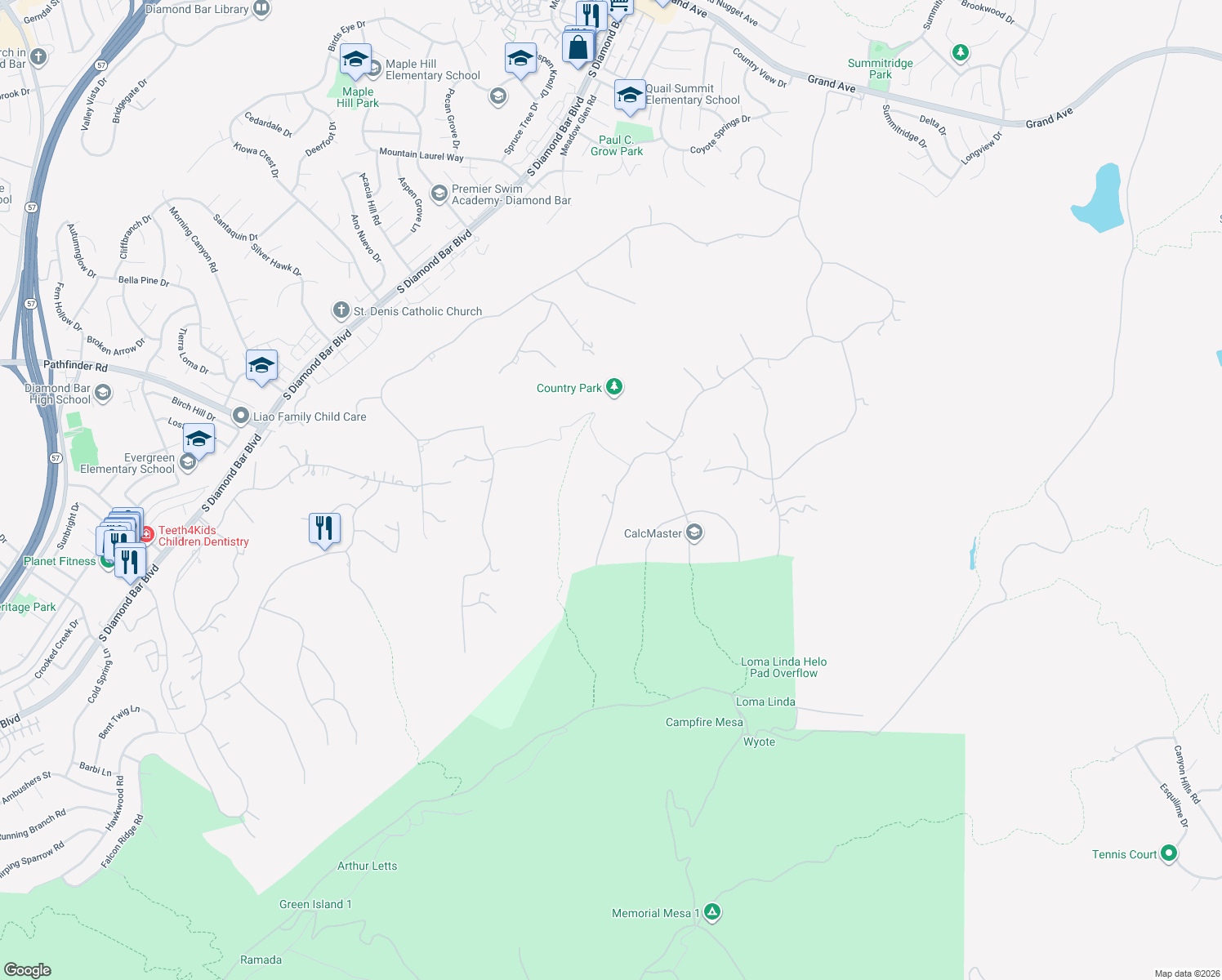 map of restaurants, bars, coffee shops, grocery stores, and more near 2605 Indian Creek Road in Diamond Bar