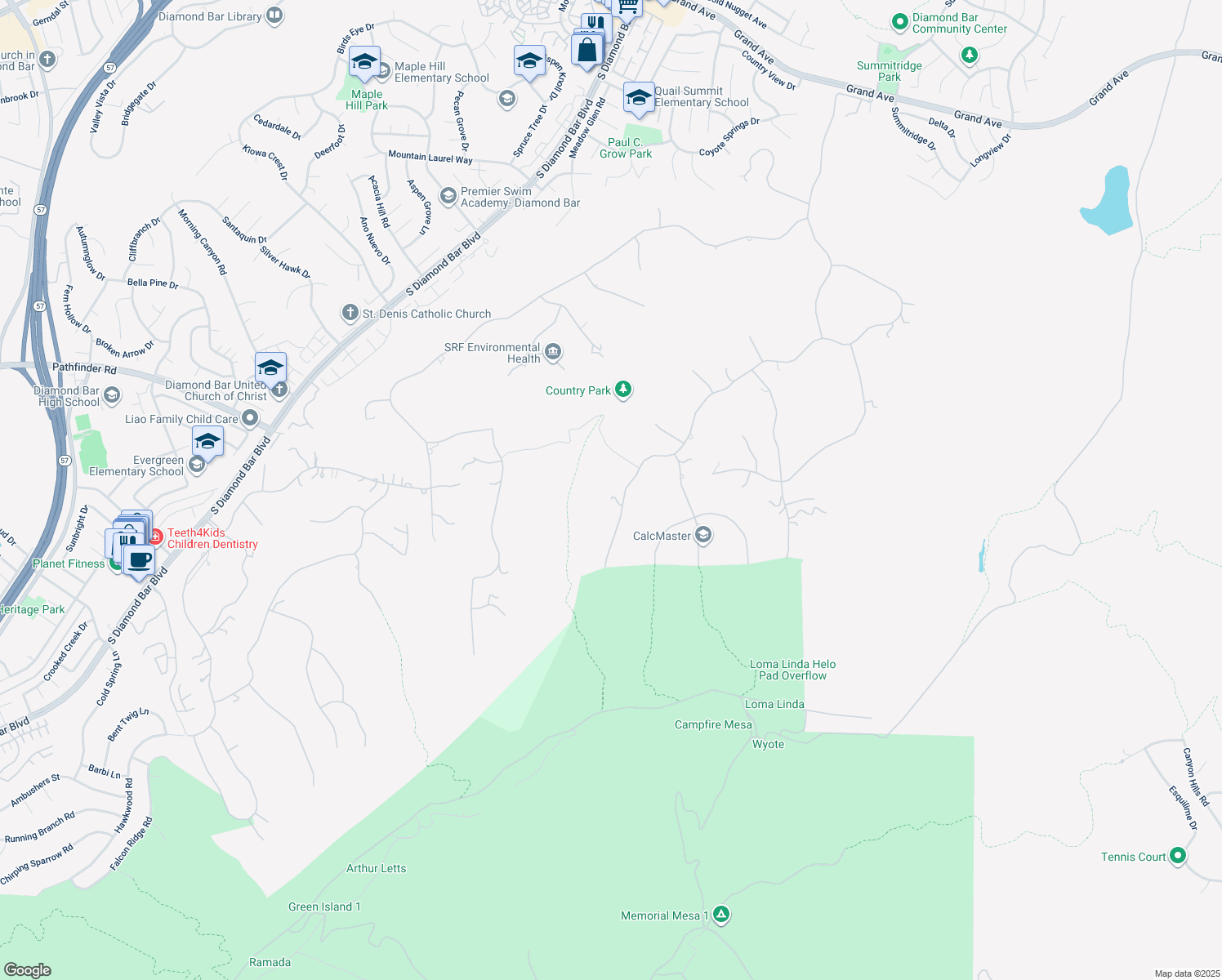 map of restaurants, bars, coffee shops, grocery stores, and more near 2605 Indian Creek Road in Diamond Bar