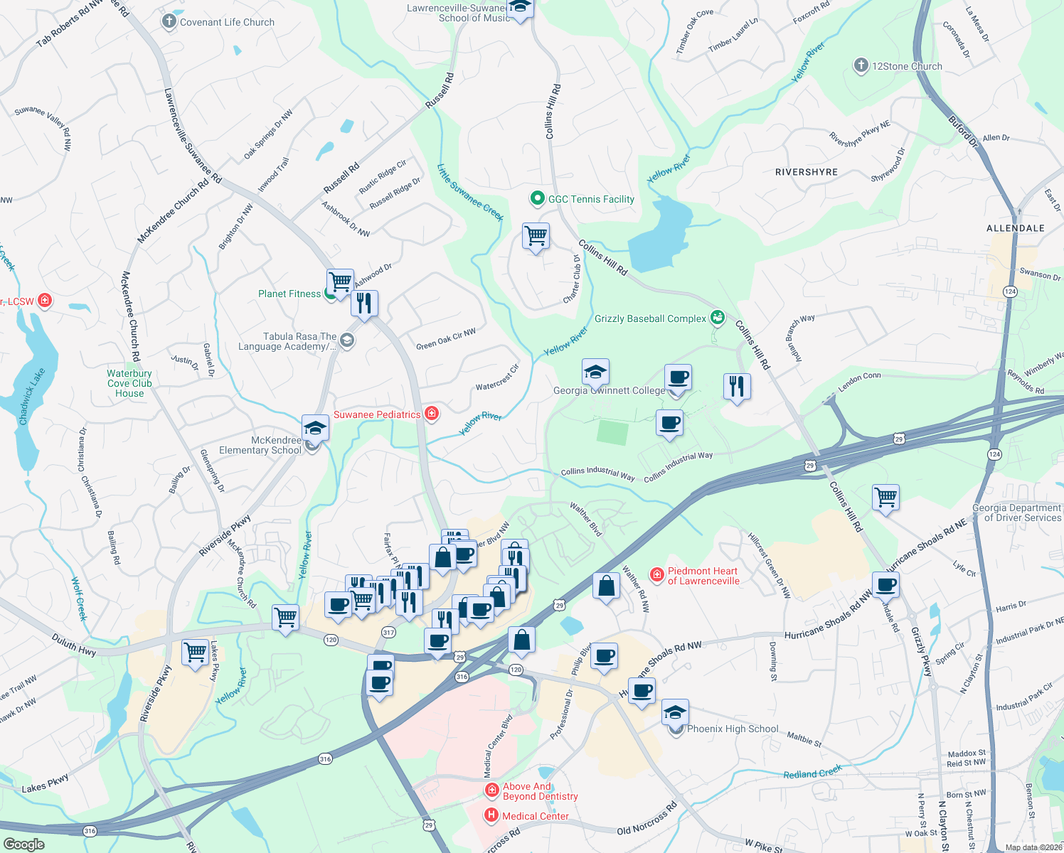 map of restaurants, bars, coffee shops, grocery stores, and more near 972 Sugar Oak Lane in Lawrenceville