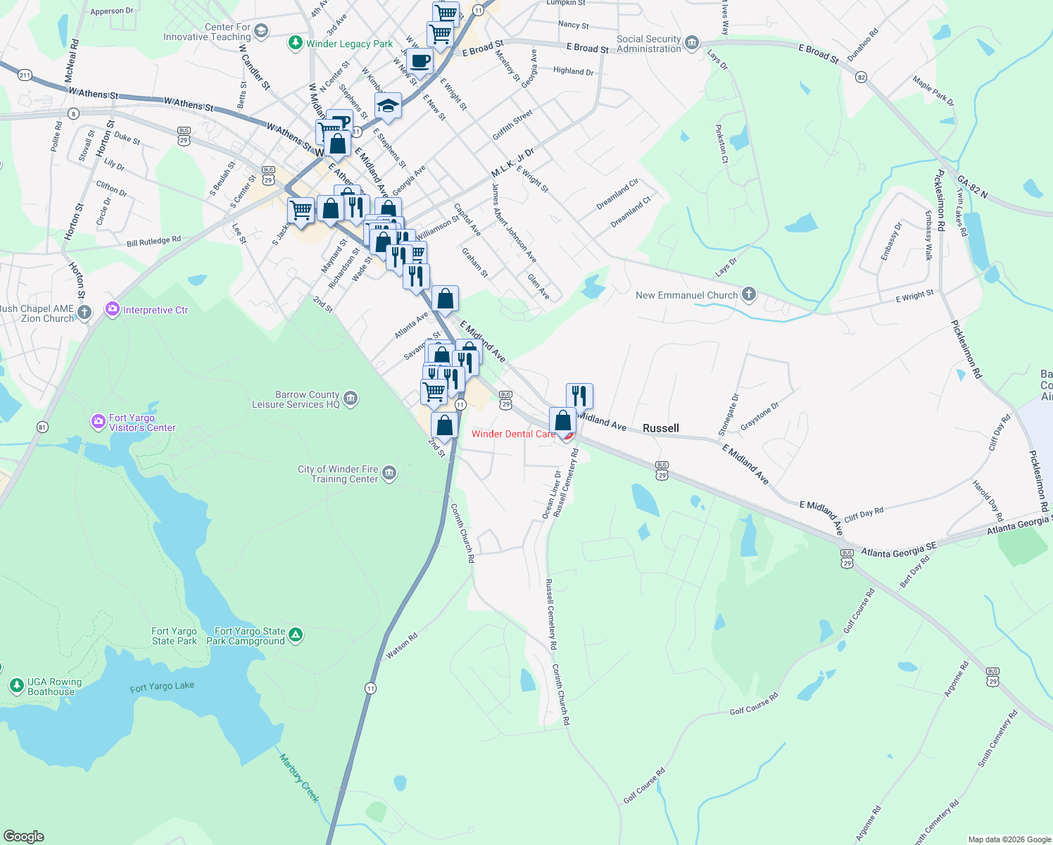 map of restaurants, bars, coffee shops, grocery stores, and more near 21 Lighthouse Dr in Winder
