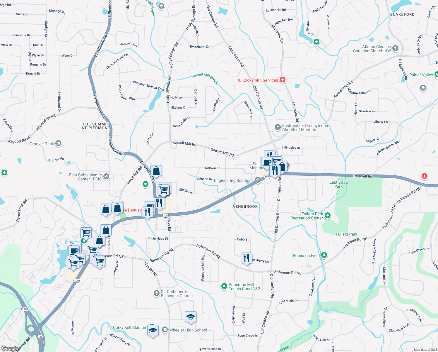 map of restaurants, bars, coffee shops, grocery stores, and more near 2797 Benson Drive in Marietta