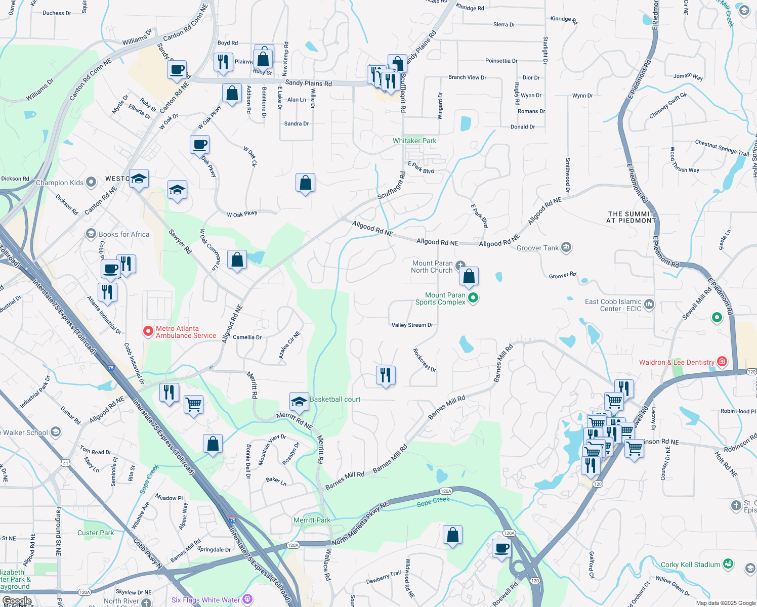 map of restaurants, bars, coffee shops, grocery stores, and more near 1463 Shadowrock Heights in Marietta