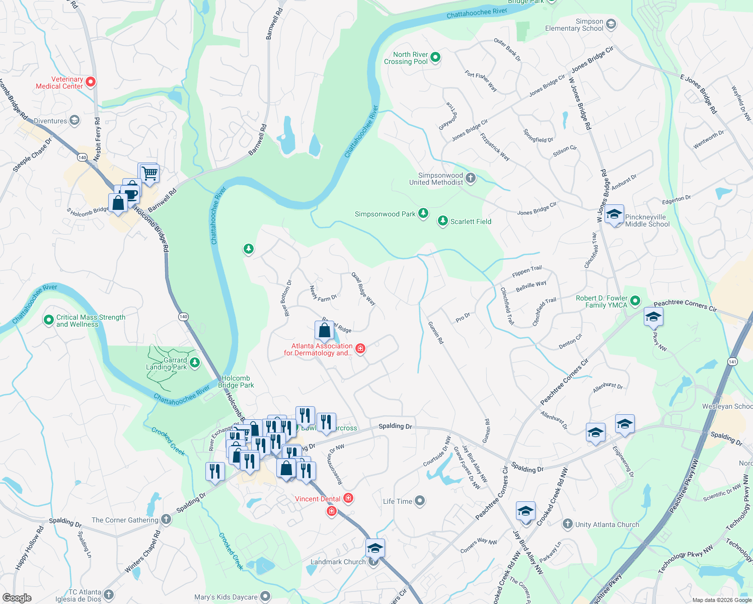 map of restaurants, bars, coffee shops, grocery stores, and more near 4261 Quail Ridge Way in Norcross