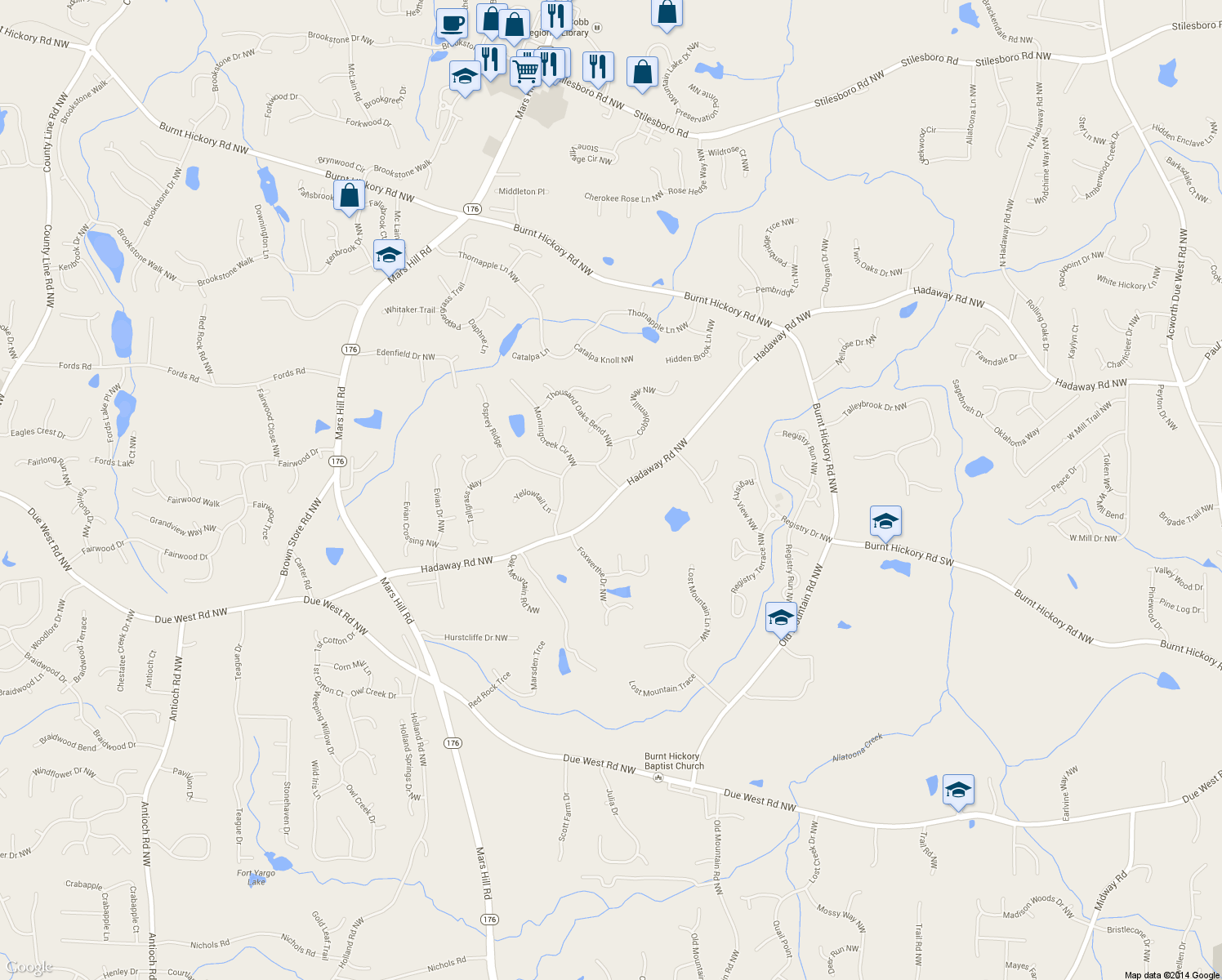 map of restaurants, bars, coffee shops, grocery stores, and more near 787 Marshview Ln NW in Kennesaw
