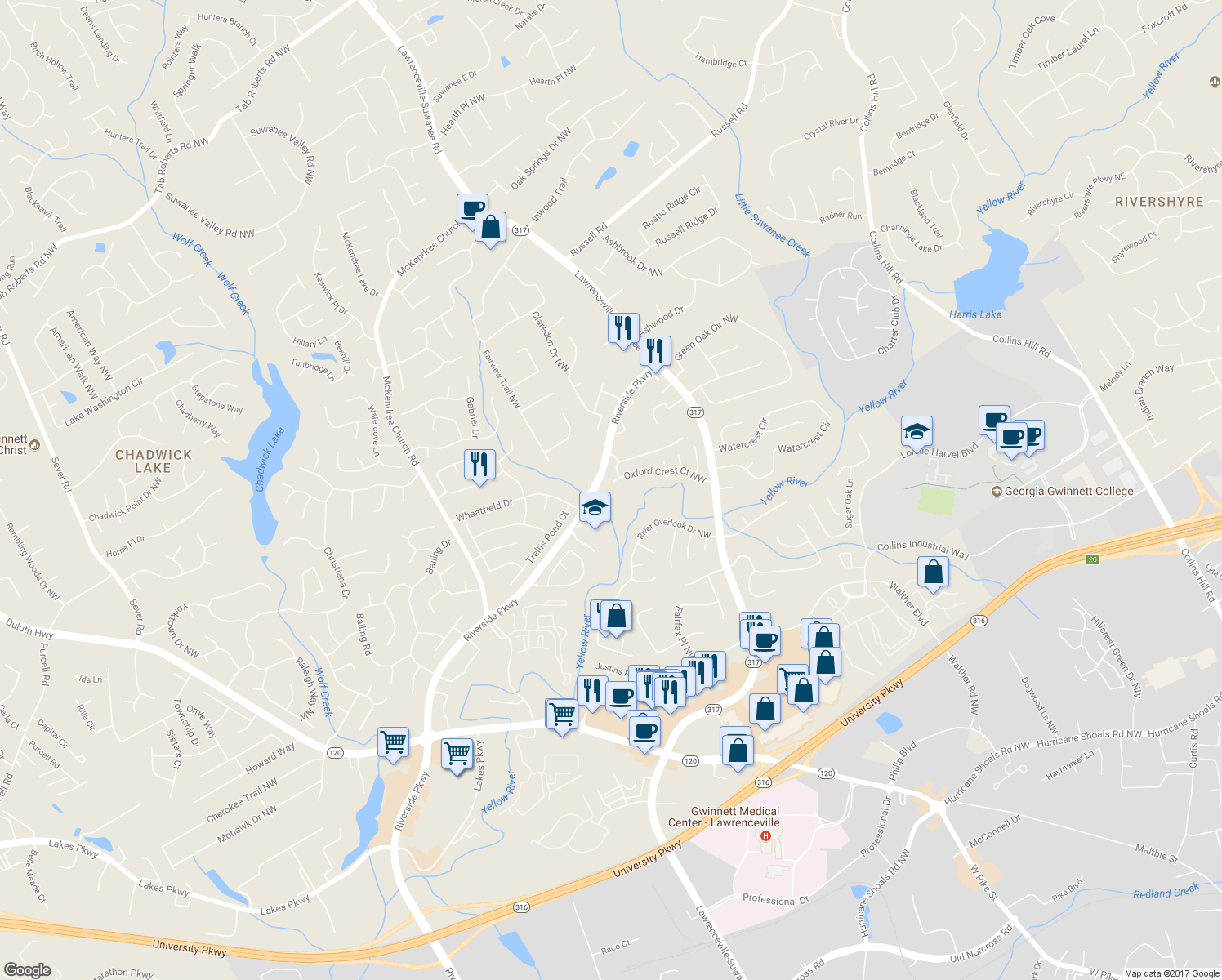map of restaurants, bars, coffee shops, grocery stores, and more near 710 Oxford Crest Court Northwest in Lawrenceville