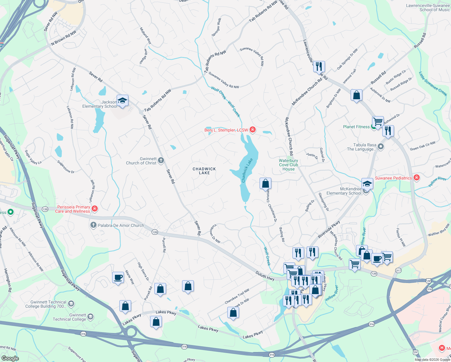 map of restaurants, bars, coffee shops, grocery stores, and more near 1175 Home Place Drive in Lawrenceville