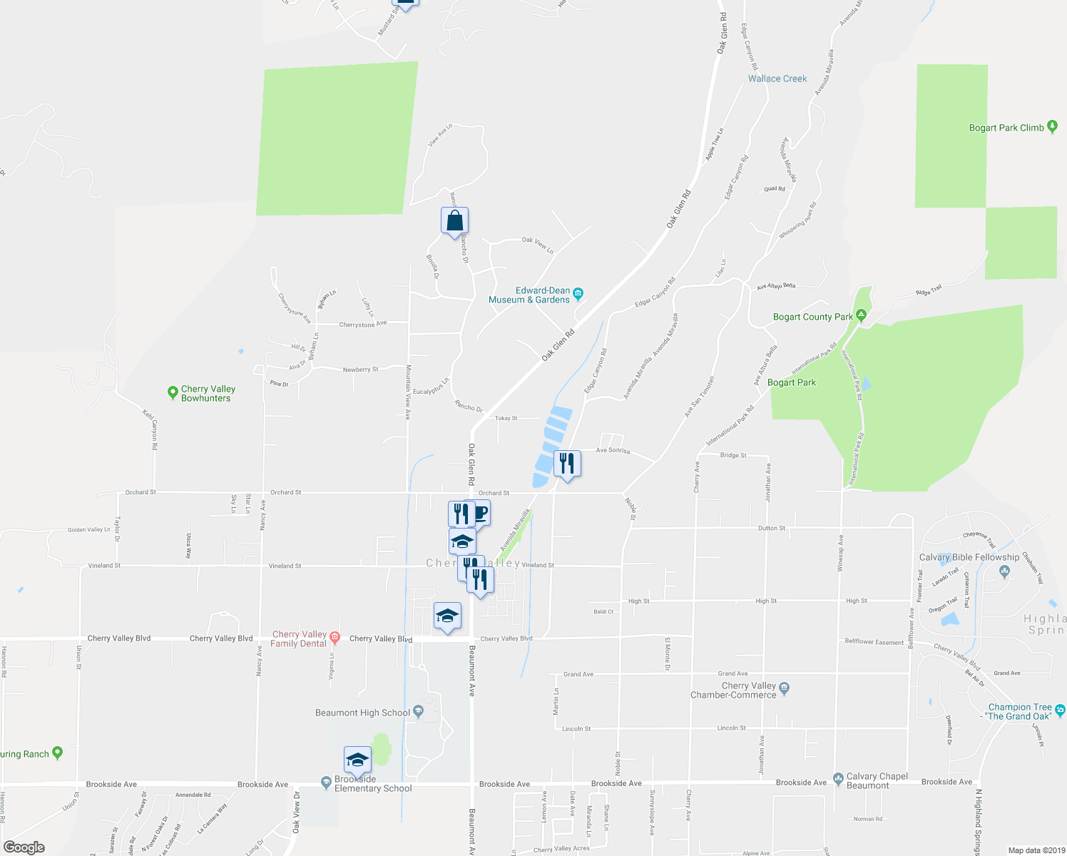 map of restaurants, bars, coffee shops, grocery stores, and more near 39441 Tokay Street in Cherry Valley