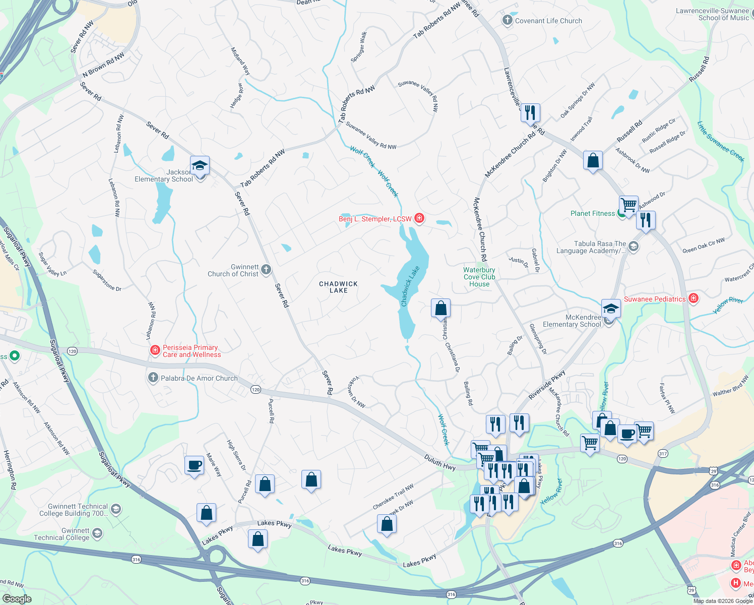 map of restaurants, bars, coffee shops, grocery stores, and more near 1185 Home Place Drive in Lawrenceville