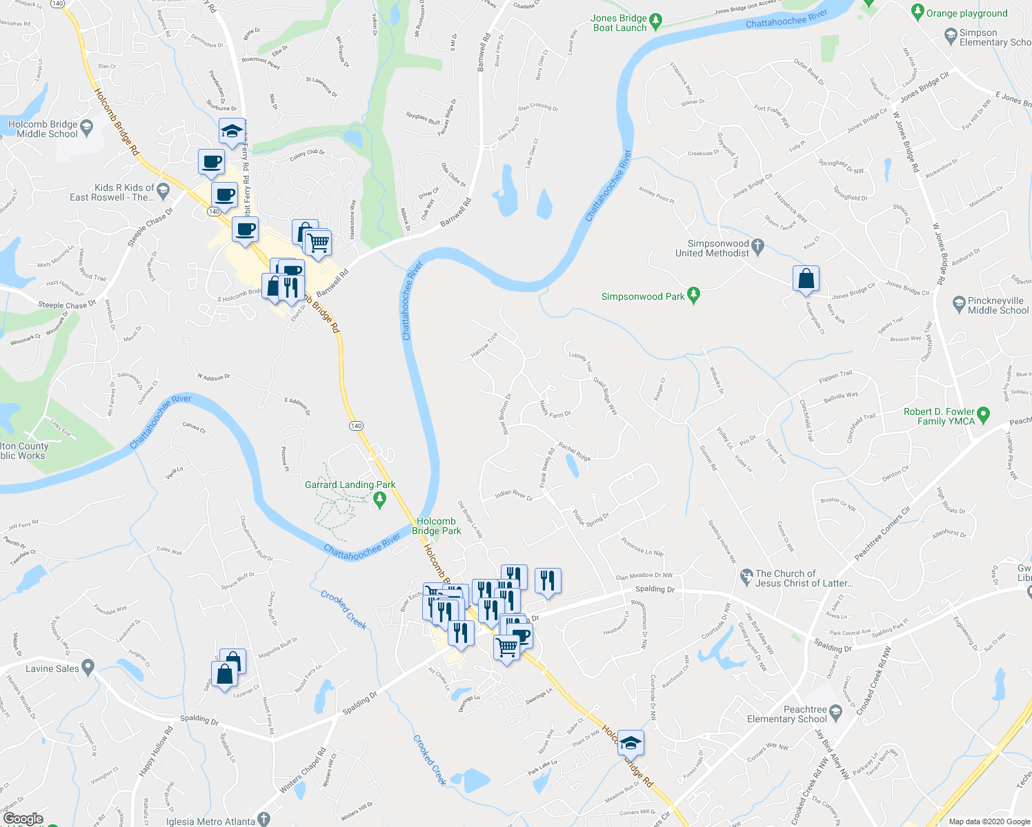 map of restaurants, bars, coffee shops, grocery stores, and more near 4314 Big House Road in Norcross