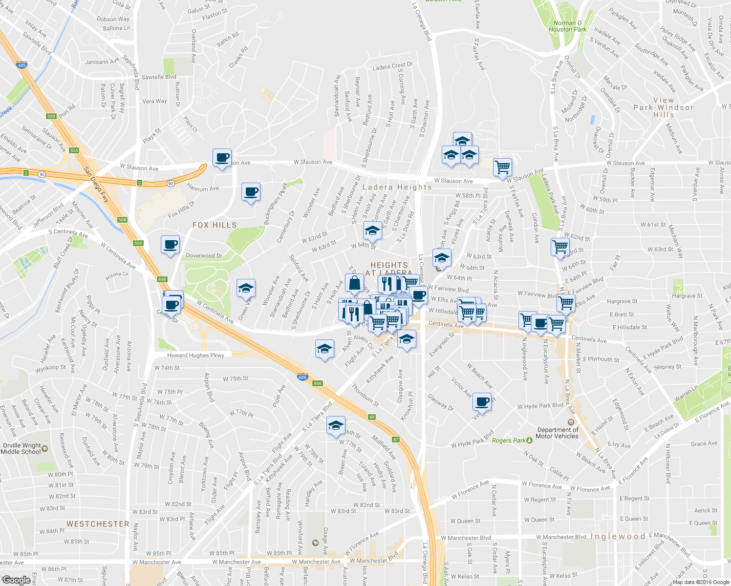 map of restaurants, bars, coffee shops, grocery stores, and more near 6637 Springpark Ave in Los Angeles