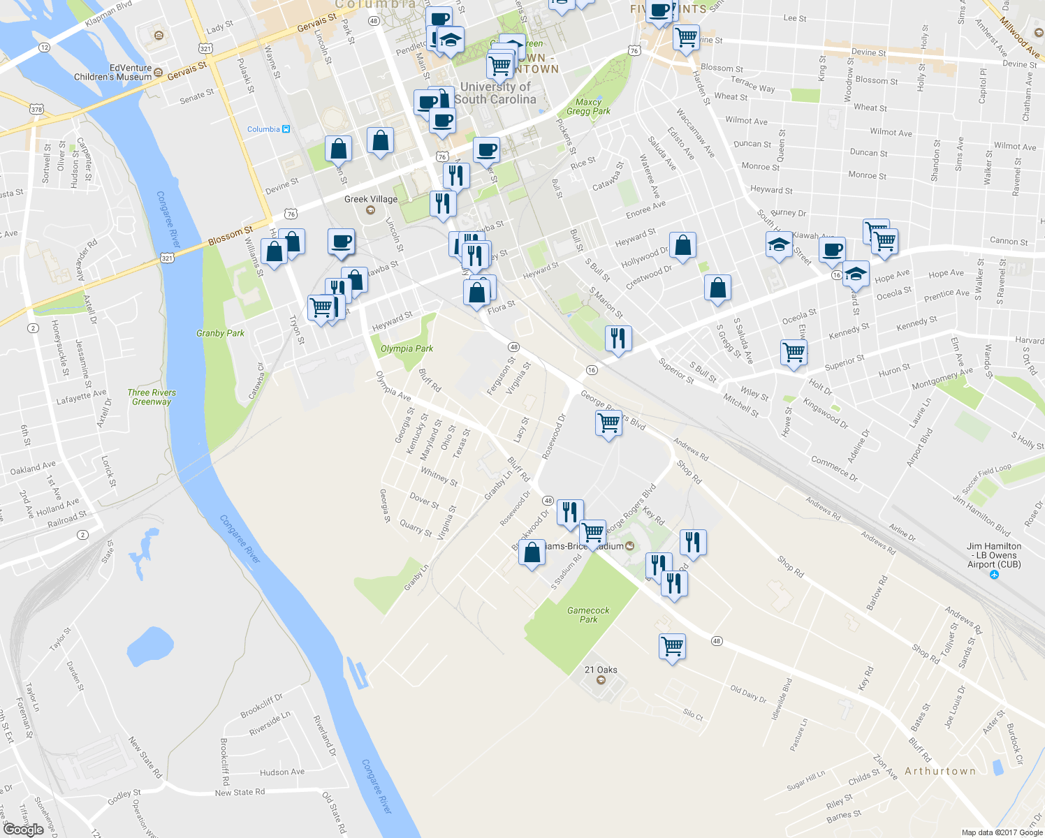 map of restaurants, bars, coffee shops, grocery stores, and more near 1231 Hamrick Avenue in Columbia