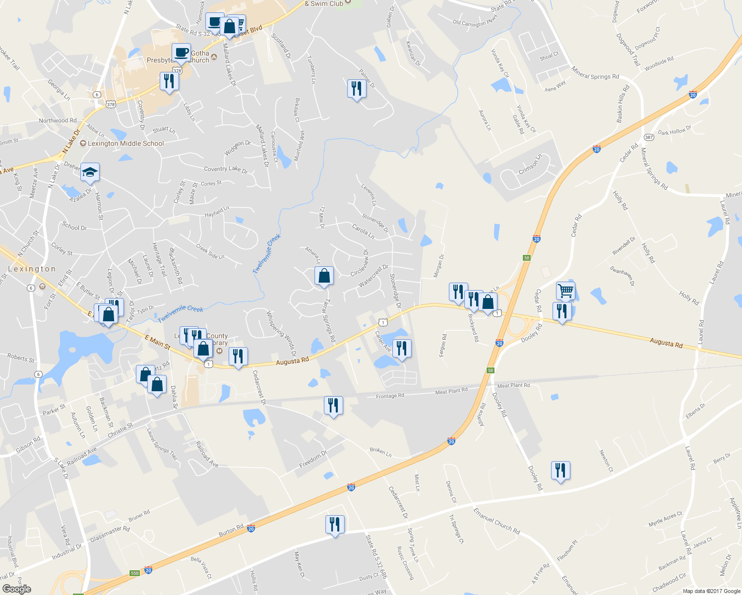 map of restaurants, bars, coffee shops, grocery stores, and more near 207 Lockwood Drive in Lexington