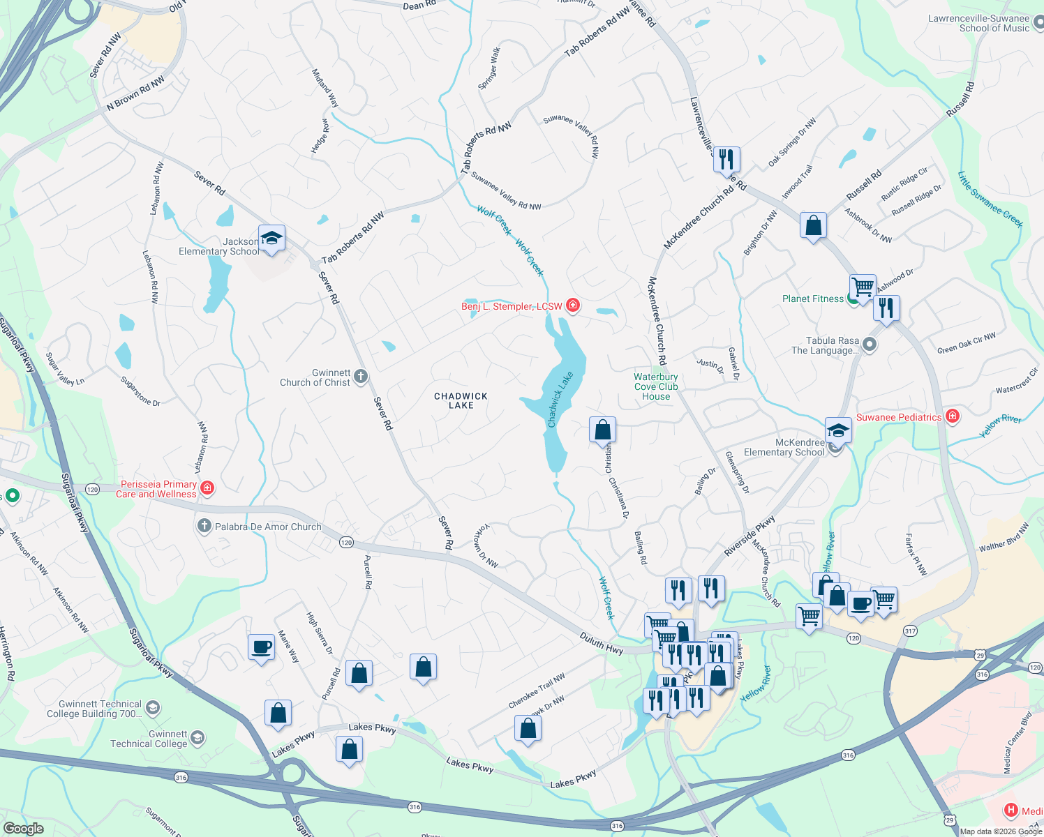 map of restaurants, bars, coffee shops, grocery stores, and more near 1175 Home Place Drive in Lawrenceville