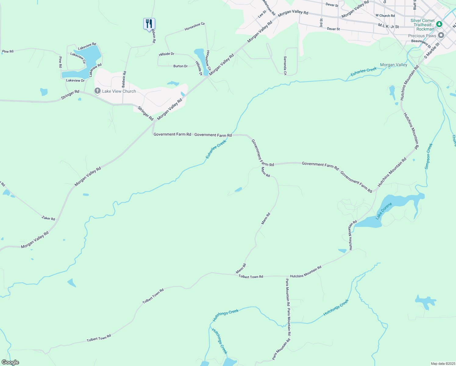 map of restaurants, bars, coffee shops, grocery stores, and more near 571 Mann Road in Rockmart