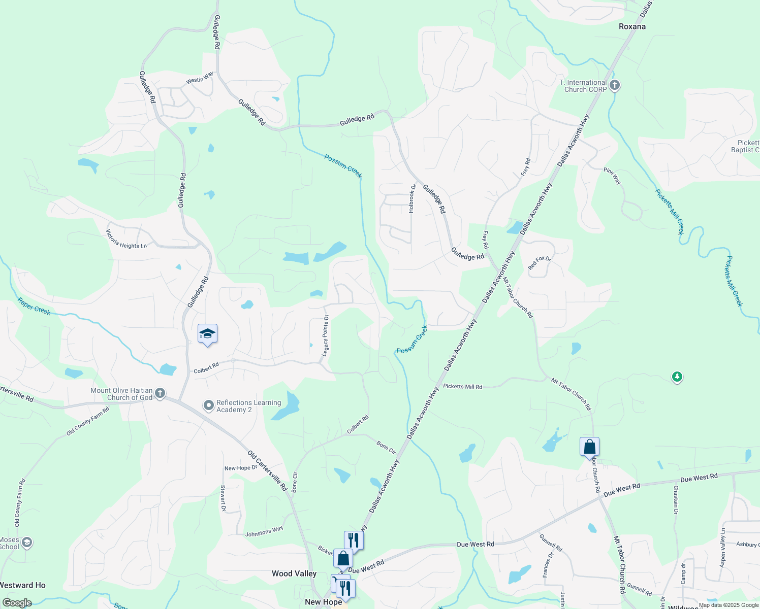 map of restaurants, bars, coffee shops, grocery stores, and more near 11 Possum Creek Way in Dallas