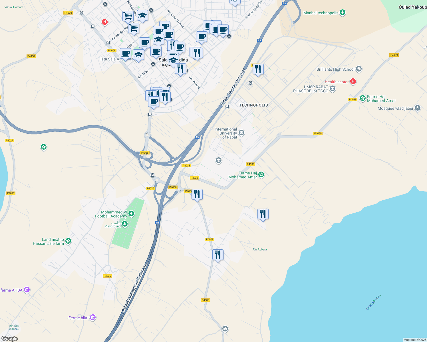map of restaurants, bars, coffee shops, grocery stores, and more near in Salé