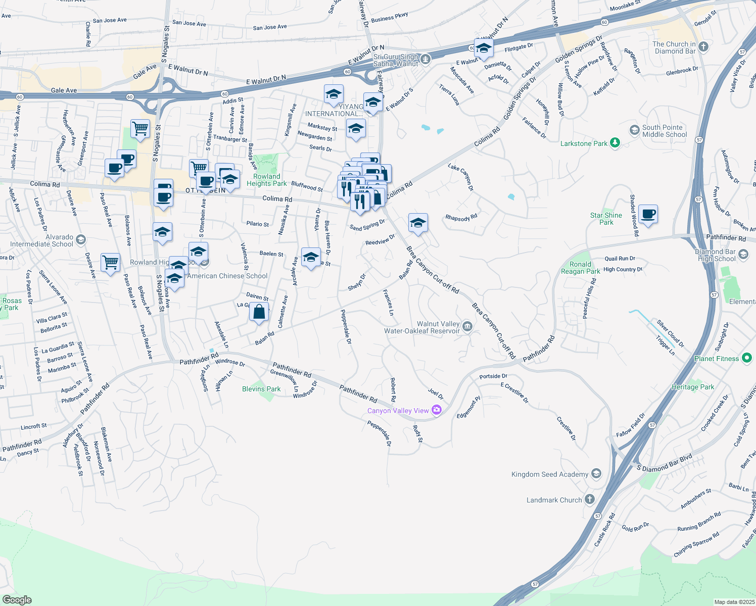 map of restaurants, bars, coffee shops, grocery stores, and more near 2122 Meteora Way in Rowland Heights