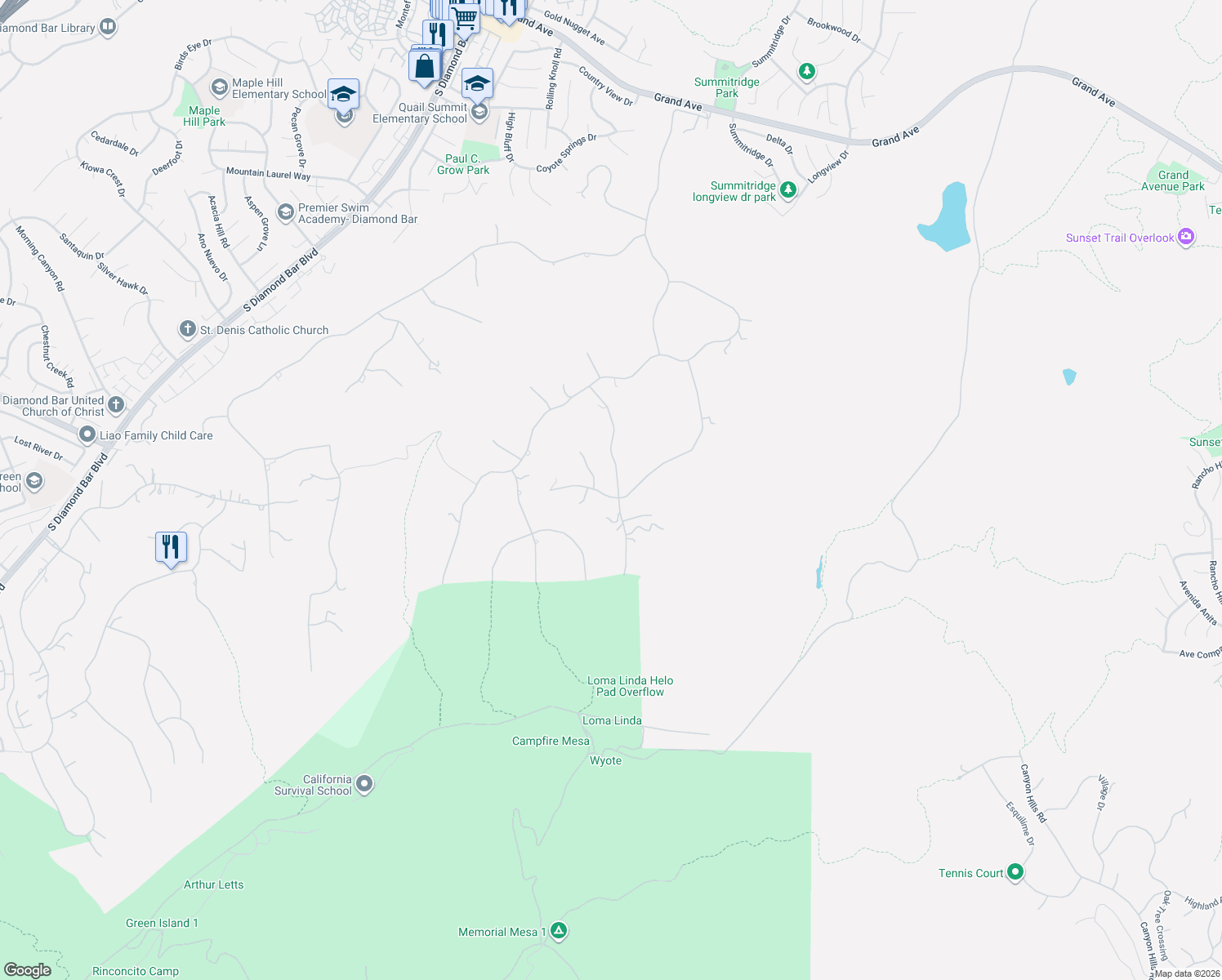 map of restaurants, bars, coffee shops, grocery stores, and more near 23727 Falcons View Drive in Diamond Bar
