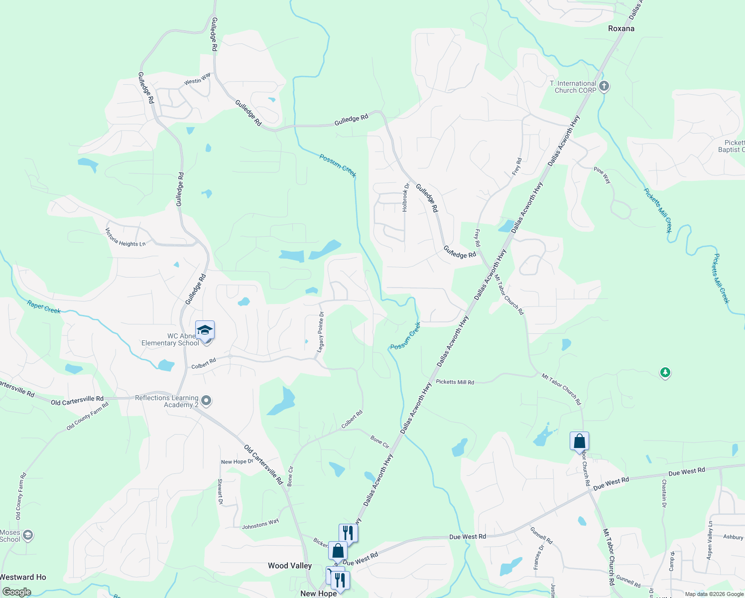map of restaurants, bars, coffee shops, grocery stores, and more near 11 Possum Creek Way in Dallas
