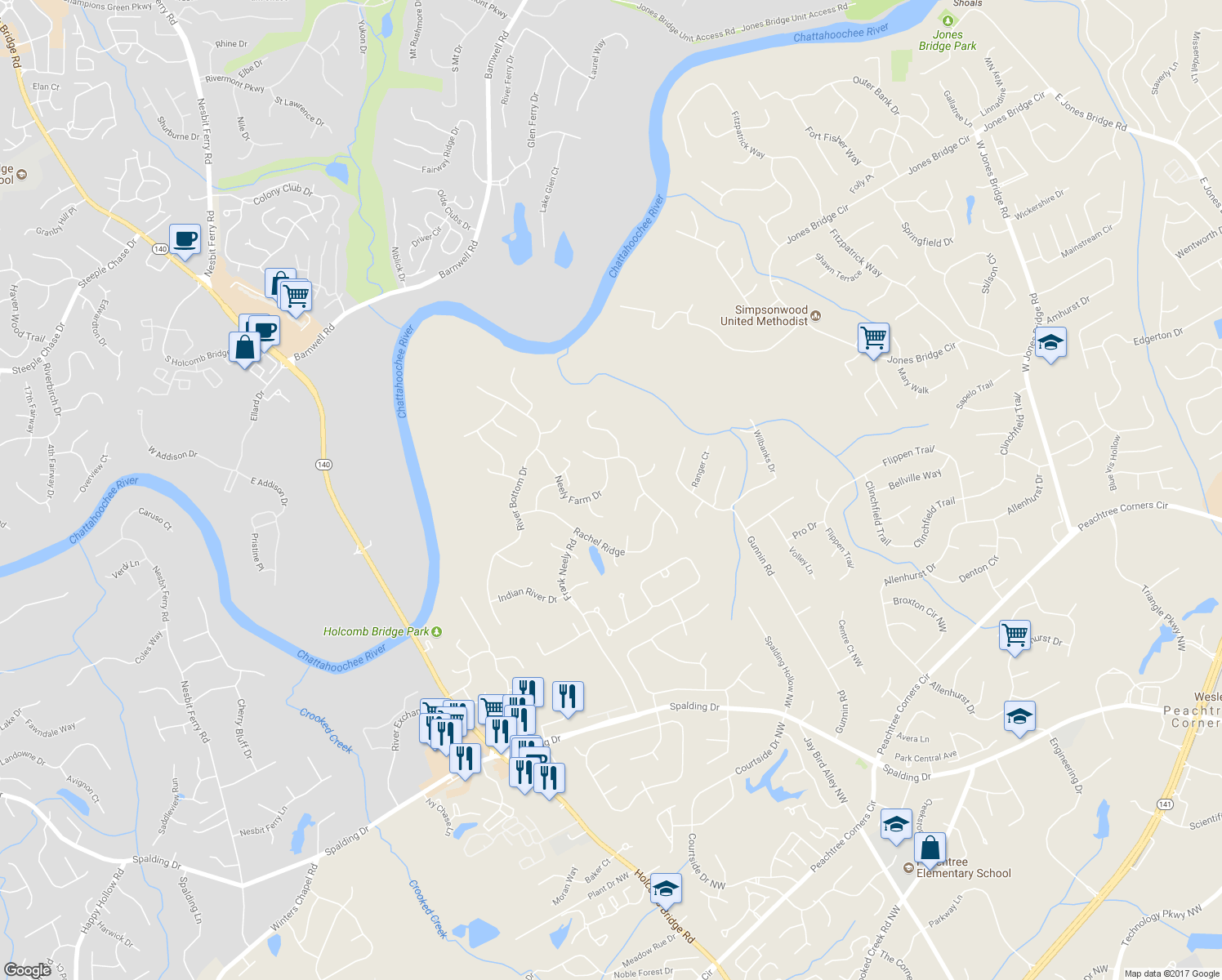 map of restaurants, bars, coffee shops, grocery stores, and more near 6040 Neely Farm Drive in Norcross