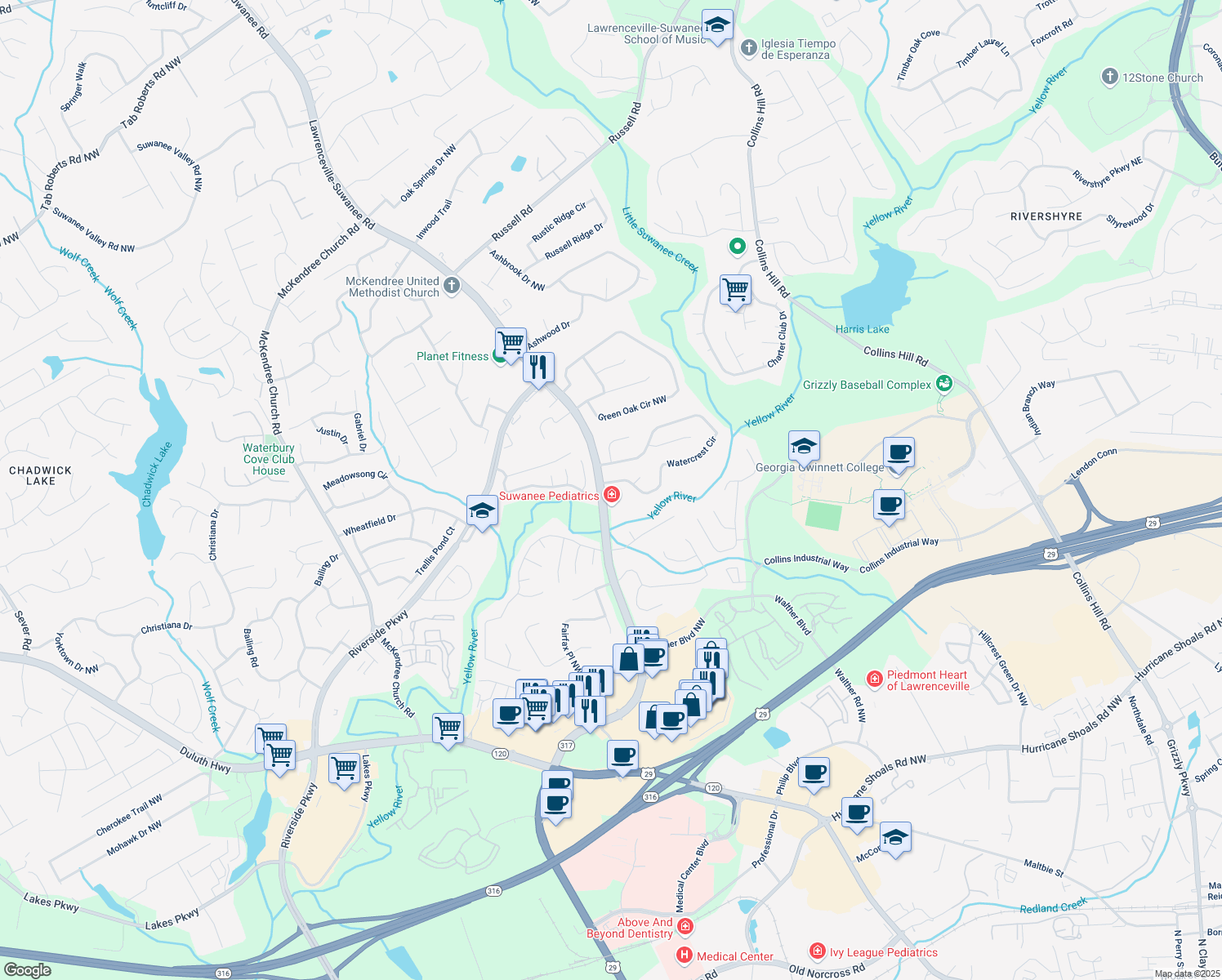map of restaurants, bars, coffee shops, grocery stores, and more near 1265 Watercrest Cir in Lawrenceville