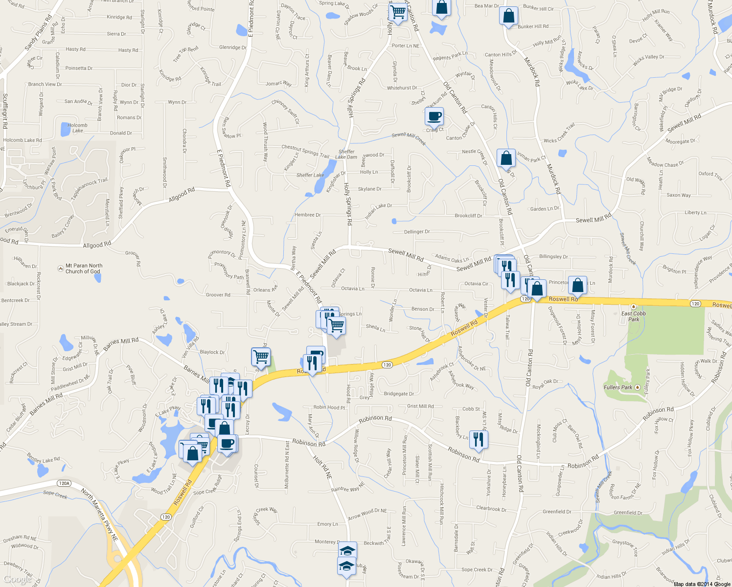 map of restaurants, bars, coffee shops, grocery stores, and more near 2600 Octavia Ln in Marietta