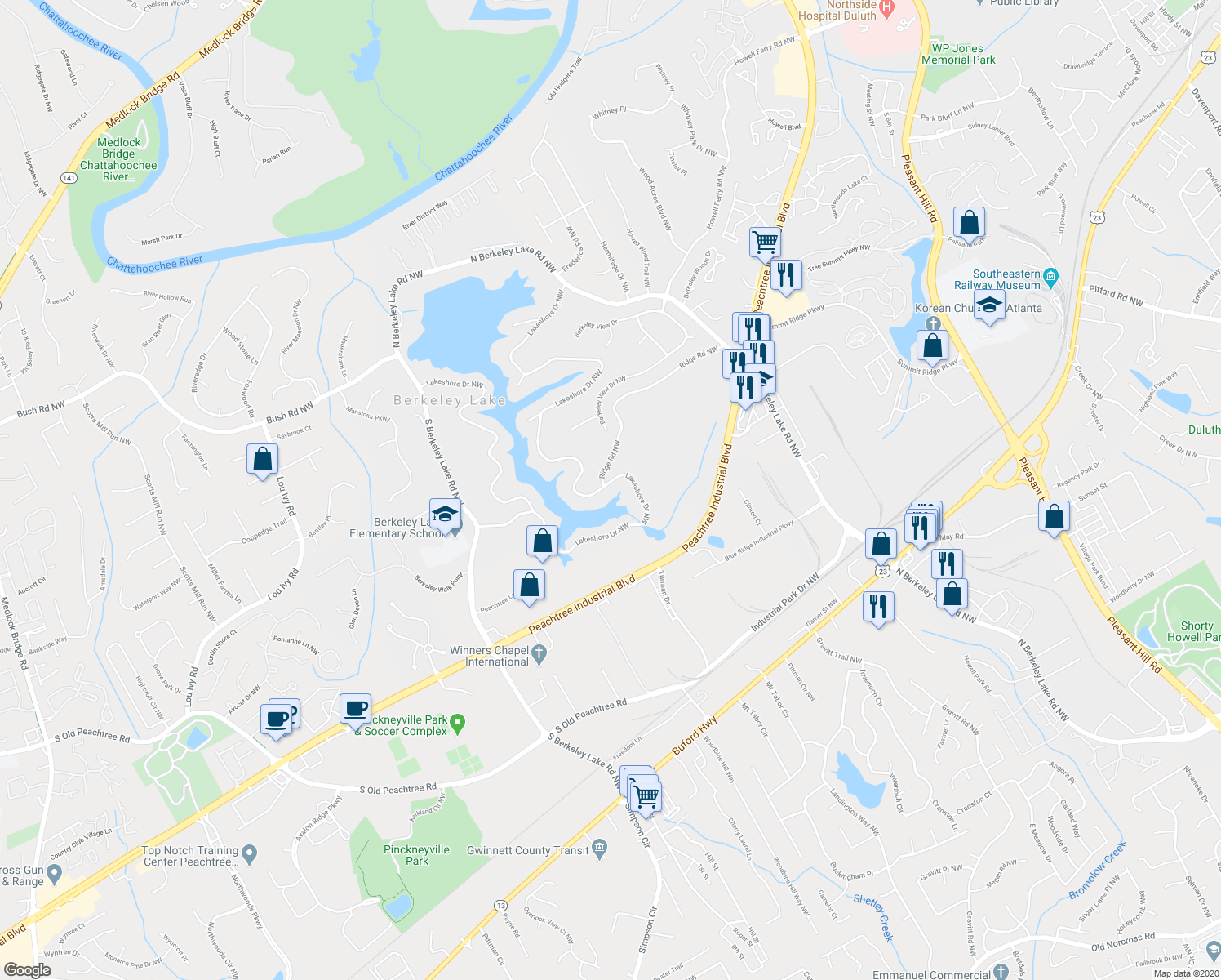 map of restaurants, bars, coffee shops, grocery stores, and more near 458 Lakeshore Drive Northwest in Duluth