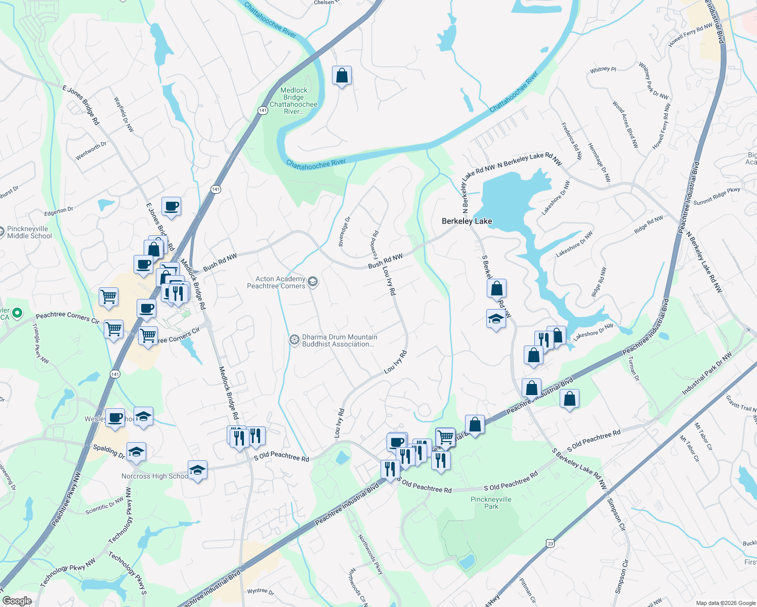 map of restaurants, bars, coffee shops, grocery stores, and more near 4746 Westchester Court in Duluth