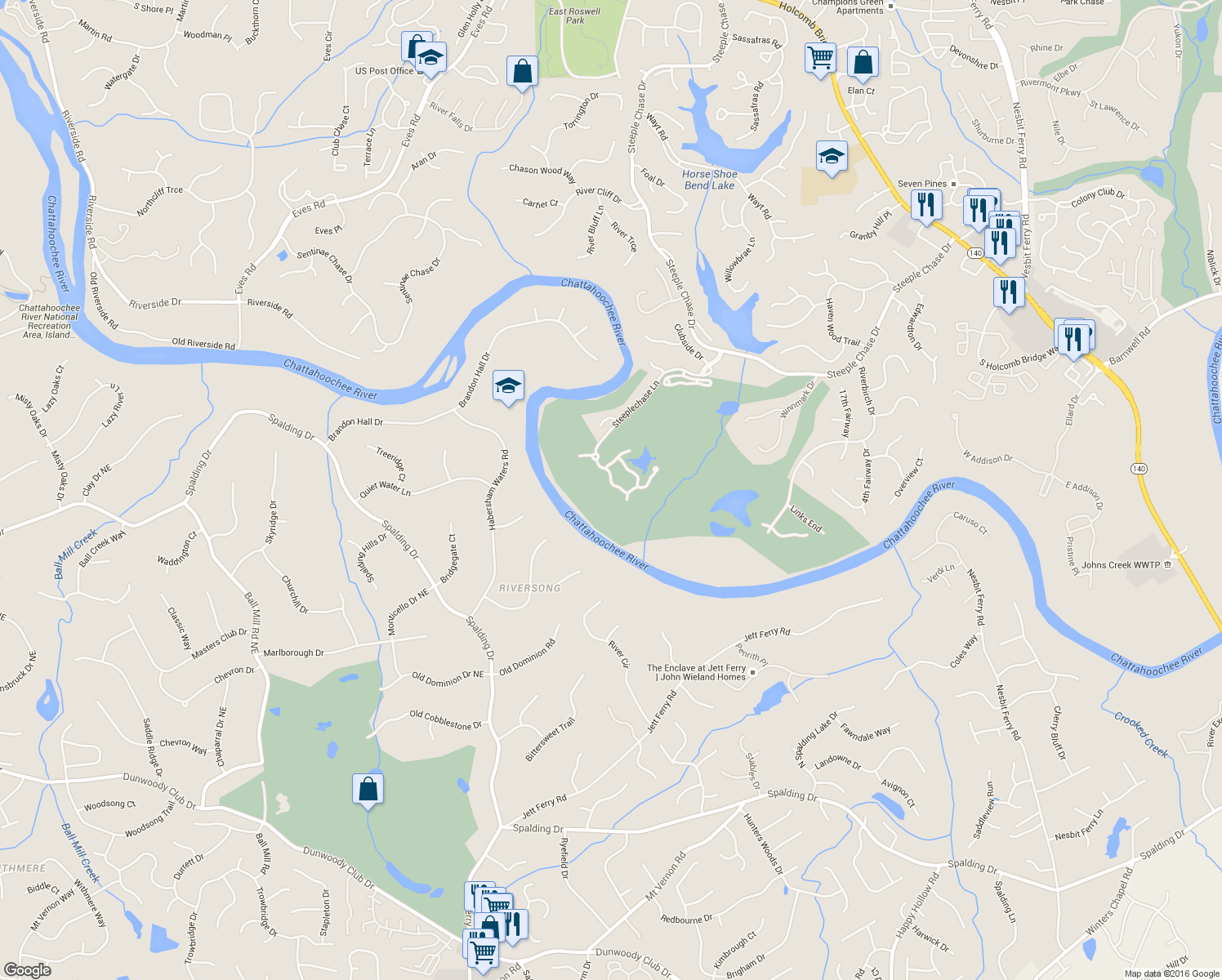map of restaurants, bars, coffee shops, grocery stores, and more near 900 Brookside Dr in Roswell