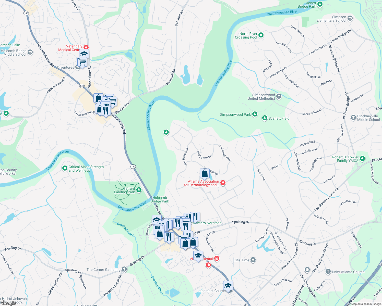 map of restaurants, bars, coffee shops, grocery stores, and more near 4334 Big House Rd in Norcross