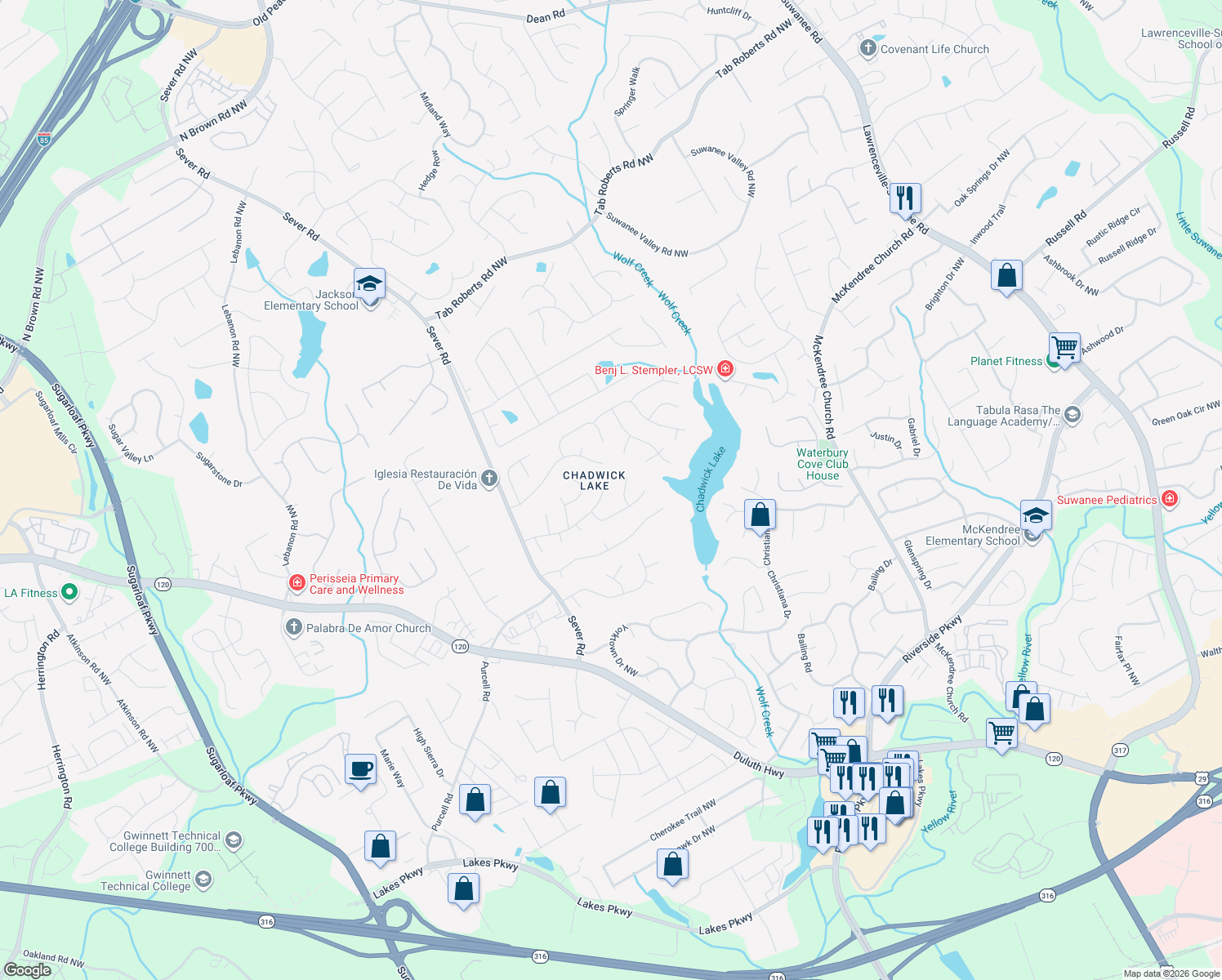 map of restaurants, bars, coffee shops, grocery stores, and more near 1220 Chadwick Point Drive Northwest in Lawrenceville