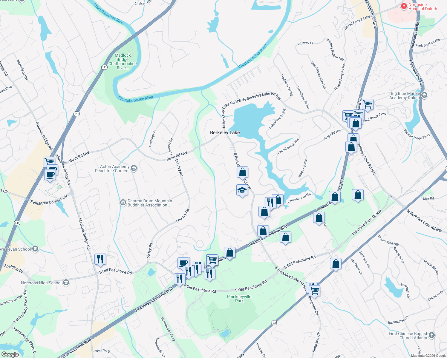 map of restaurants, bars, coffee shops, grocery stores, and more near 3490 Mansions Pkwy in Duluth