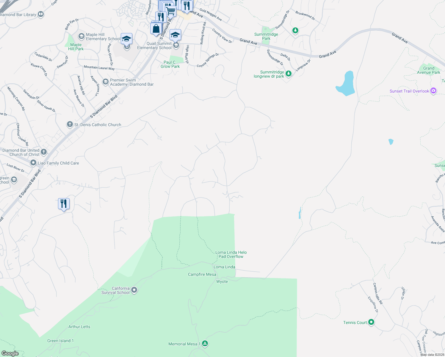 map of restaurants, bars, coffee shops, grocery stores, and more near 23727 Falcons View Drive in Diamond Bar