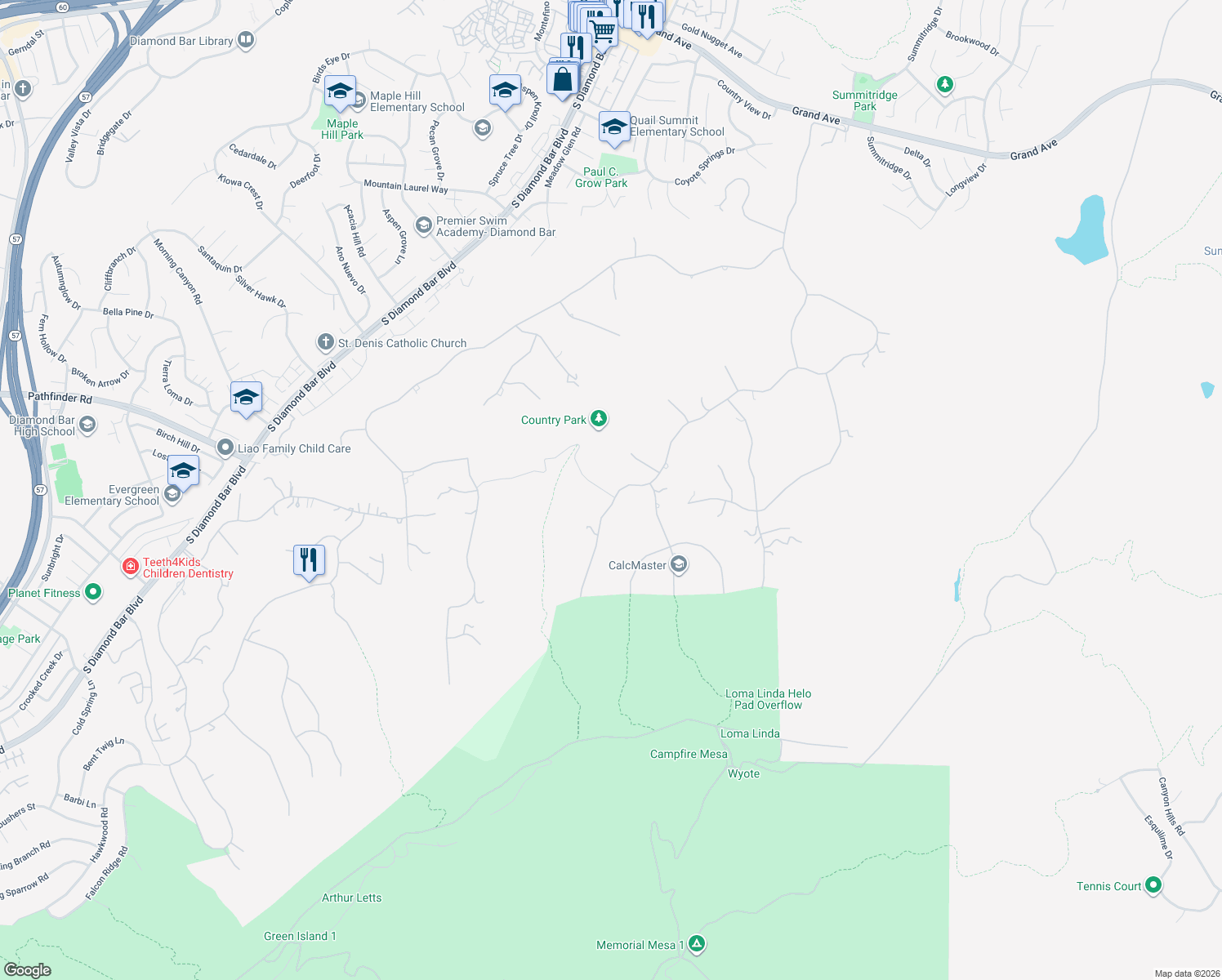 map of restaurants, bars, coffee shops, grocery stores, and more near 2557 Indian Creek Road in Diamond Bar