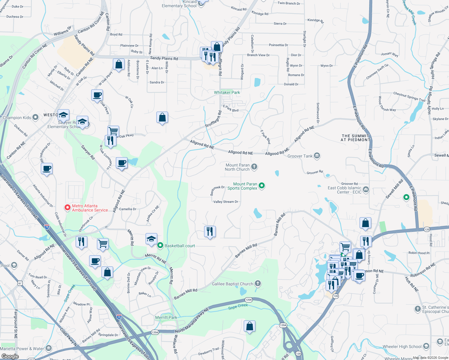 map of restaurants, bars, coffee shops, grocery stores, and more near 1510 Blackjack Dr in Marietta