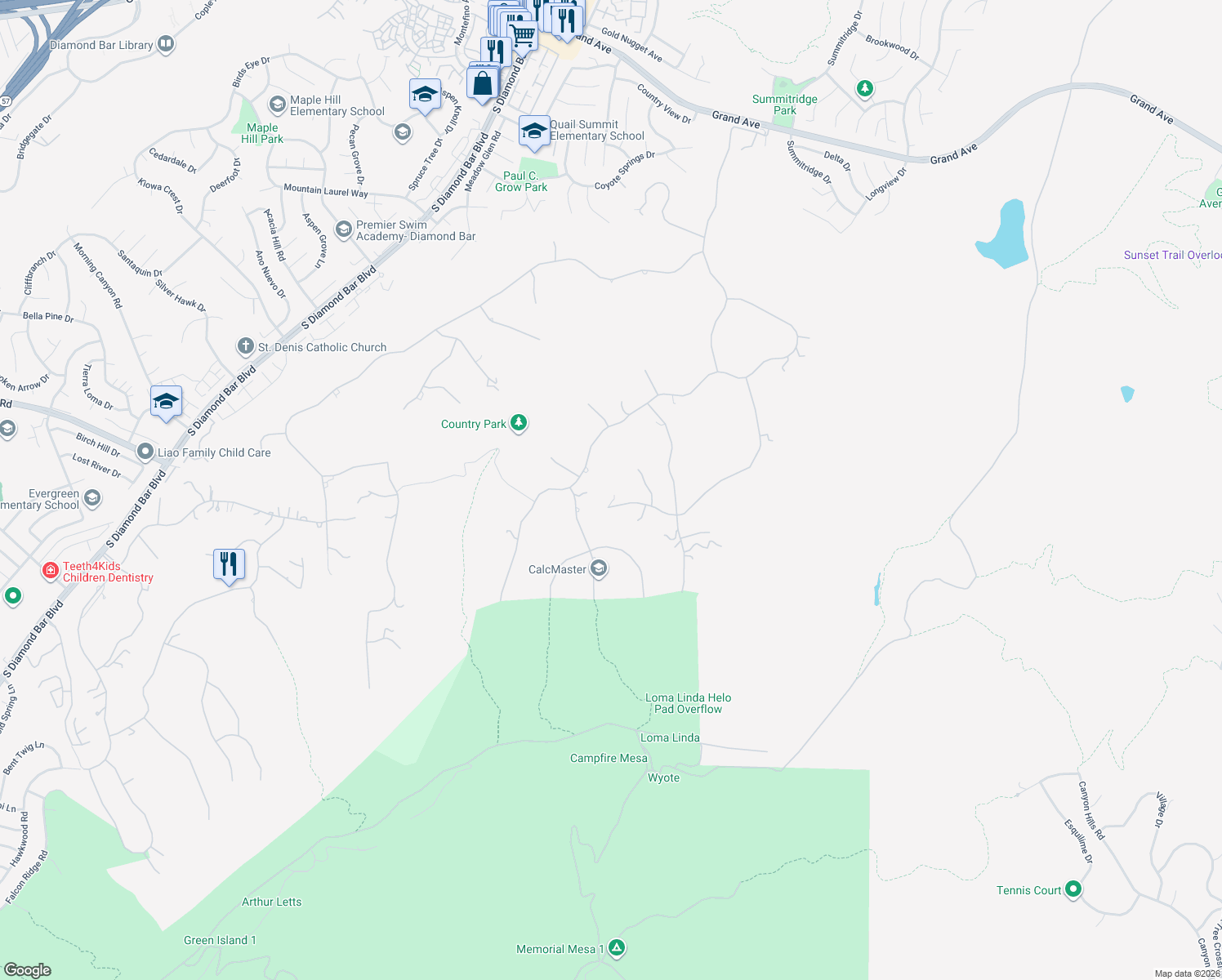 map of restaurants, bars, coffee shops, grocery stores, and more near 23615 Falcons View Drive in Diamond Bar