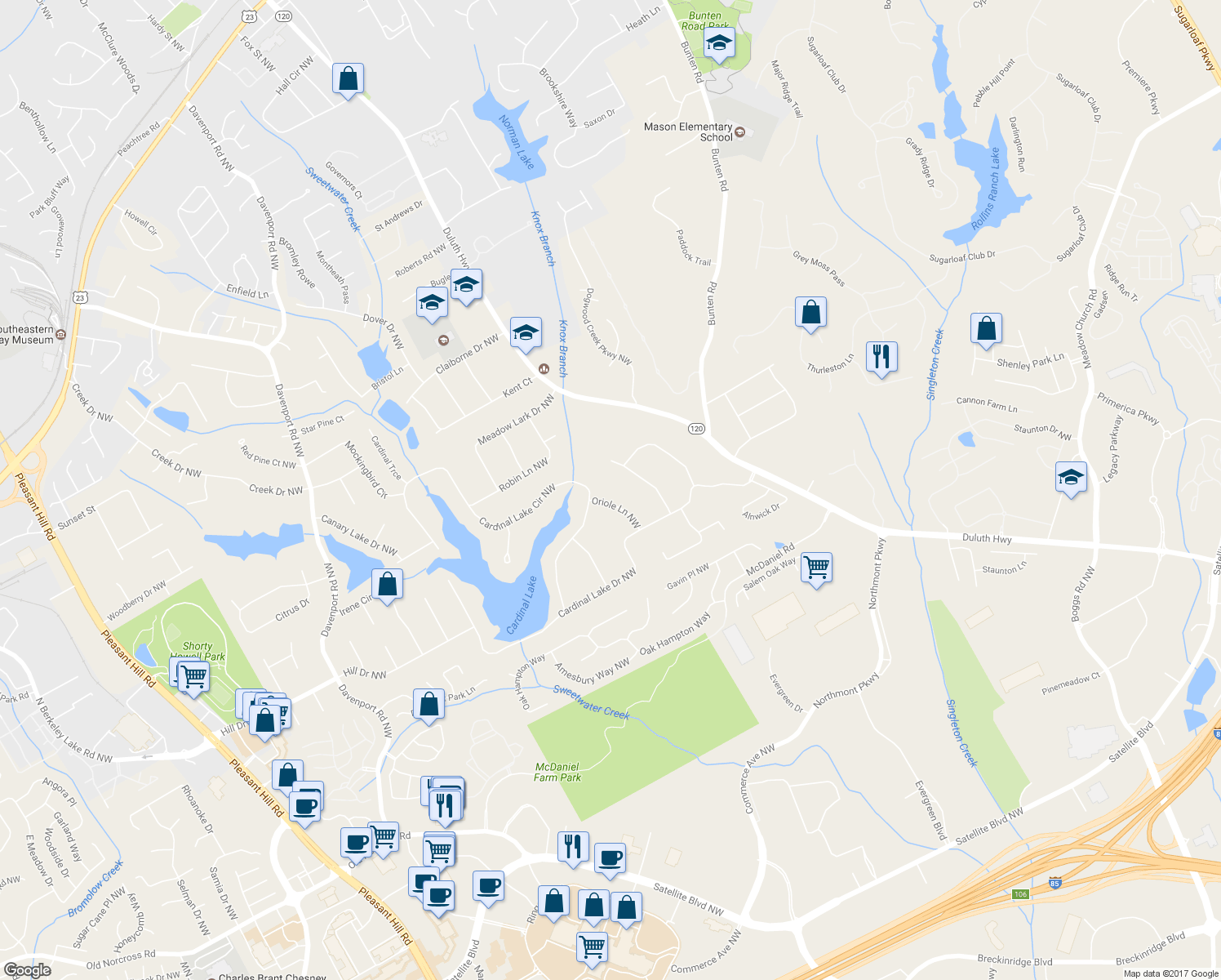 map of restaurants, bars, coffee shops, grocery stores, and more near 2652 Oriole Lane Northwest in Duluth