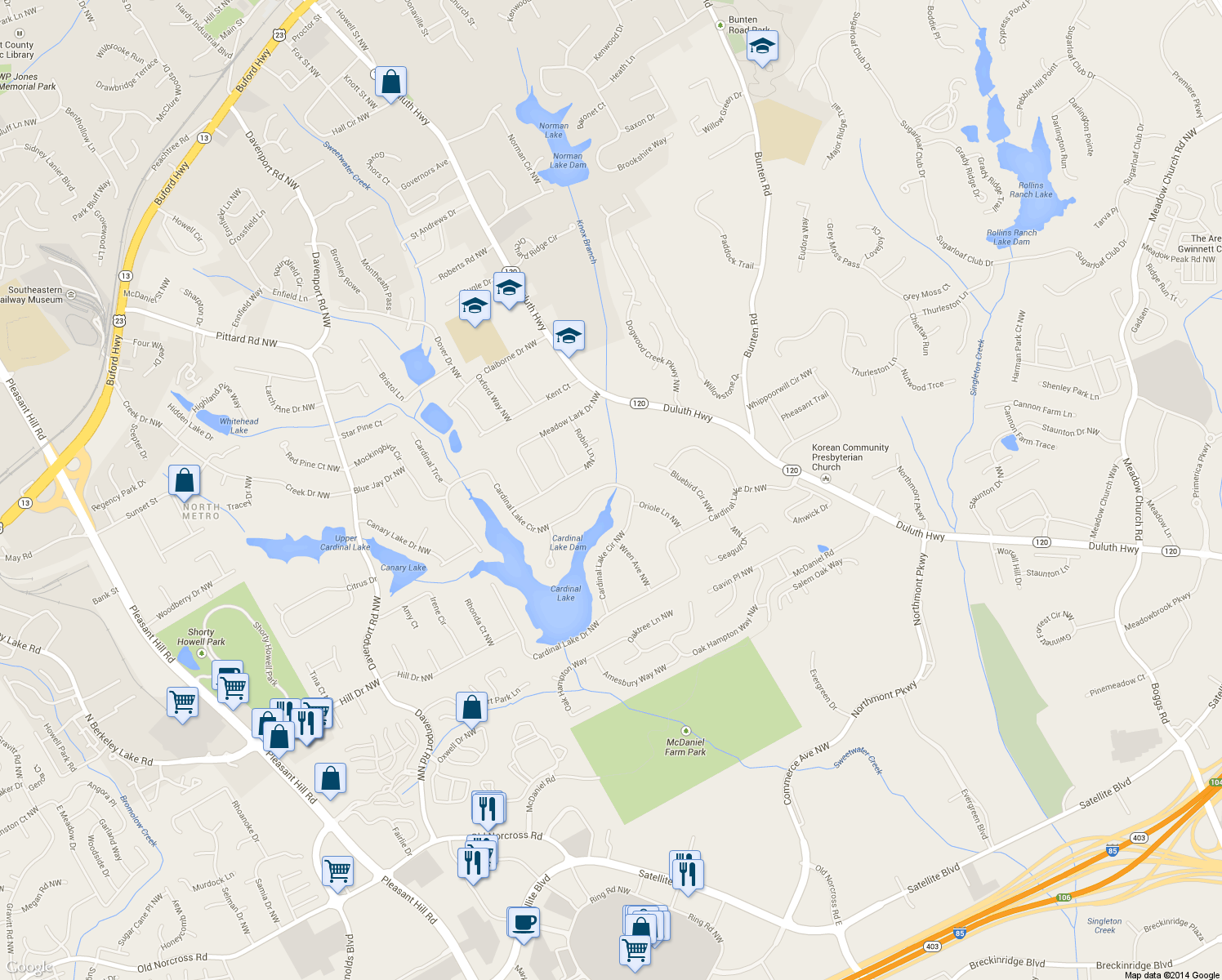 map of restaurants, bars, coffee shops, grocery stores, and more near 2735 Cardinal Lake Circle Northwest in Duluth