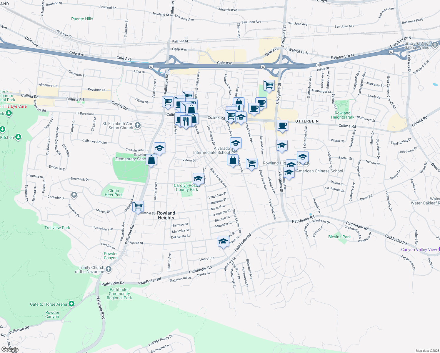 map of restaurants, bars, coffee shops, grocery stores, and more near 2202 Sierra Leone Avenue in Rowland Heights