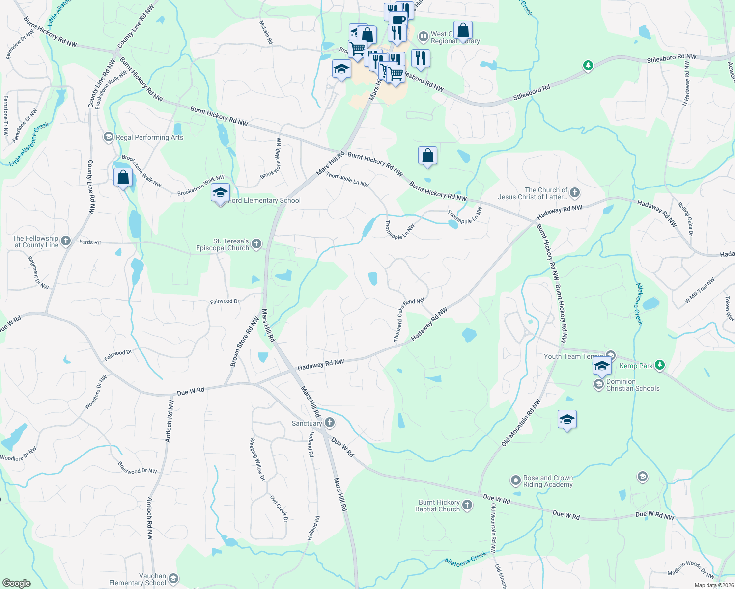 map of restaurants, bars, coffee shops, grocery stores, and more near 1100 Osprey Ridge in Kennesaw