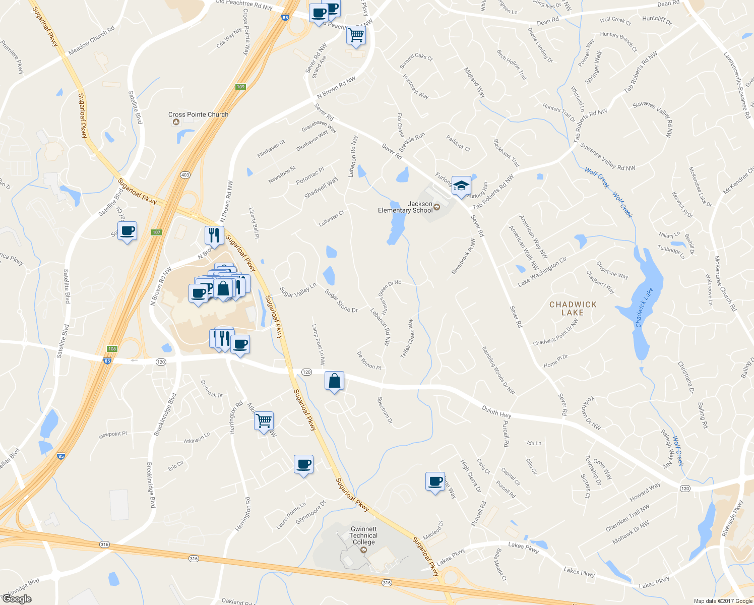 map of restaurants, bars, coffee shops, grocery stores, and more near 2006 Hunters Green Circle in Lawrenceville