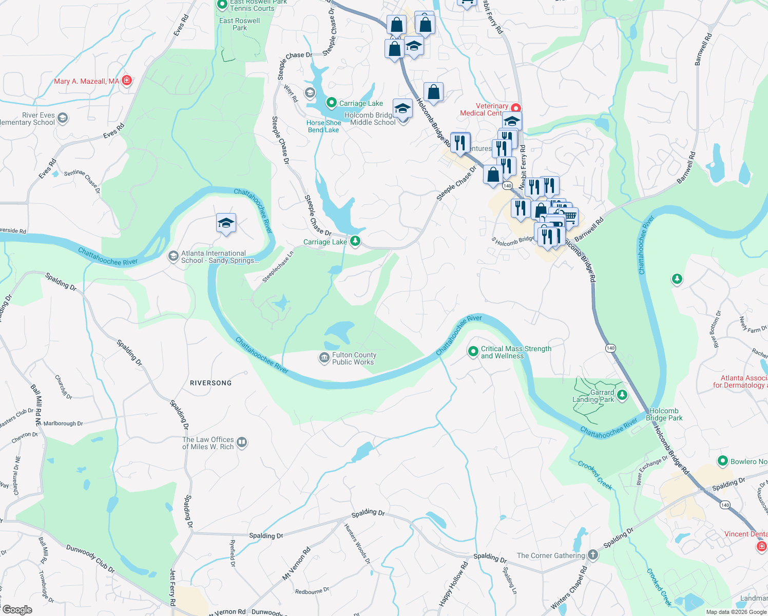 map of restaurants, bars, coffee shops, grocery stores, and more near 215 Back Tee Ct in Roswell