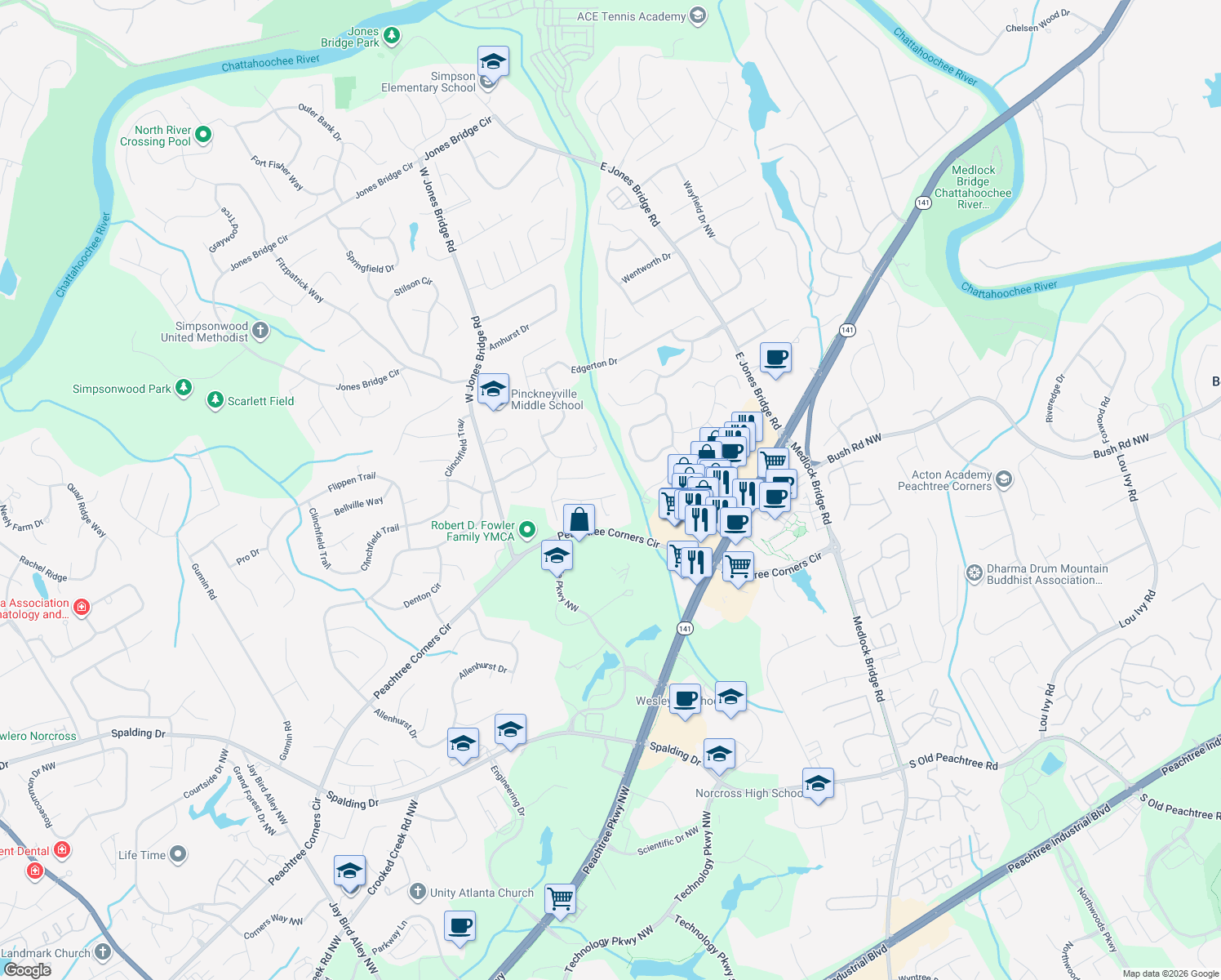 map of restaurants, bars, coffee shops, grocery stores, and more near 5315 Golden Leaf Trail in Norcross
