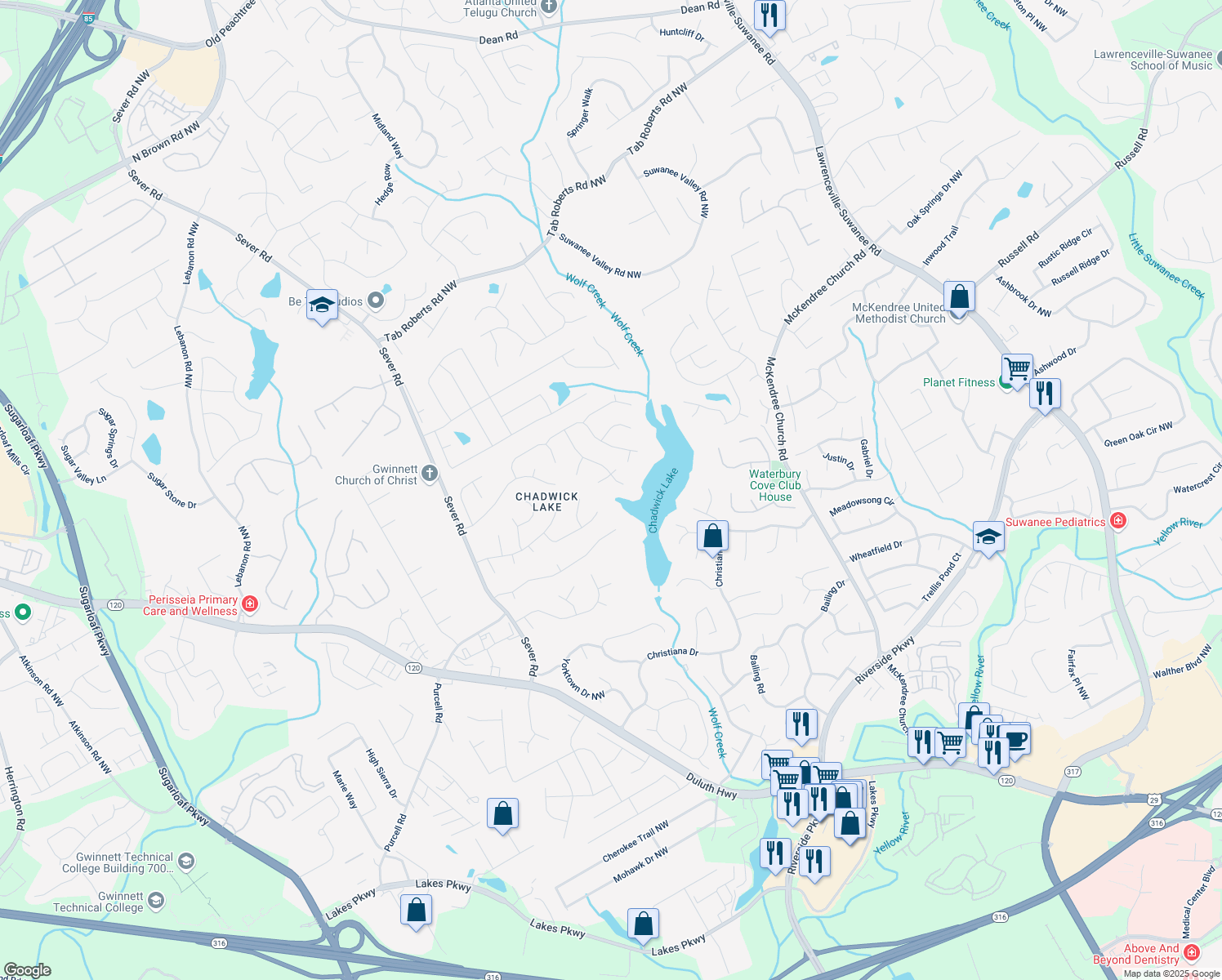 map of restaurants, bars, coffee shops, grocery stores, and more near 1450 Chadberry Way in Lawrenceville