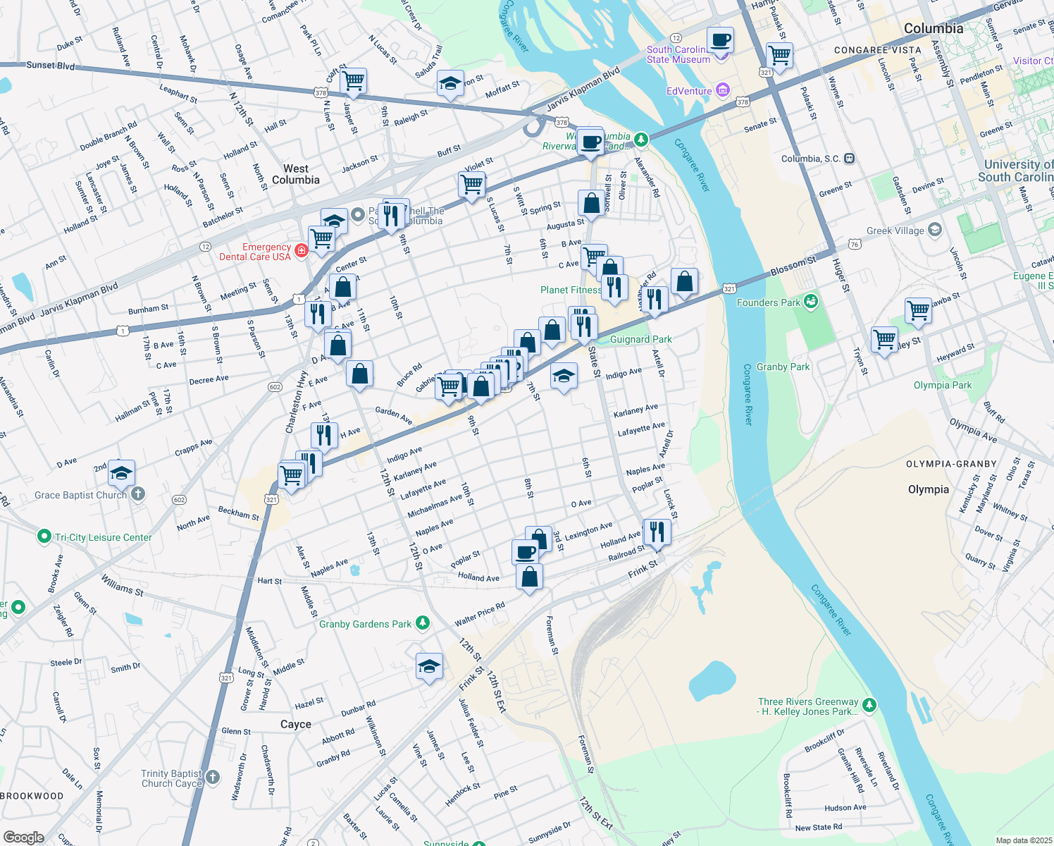 map of restaurants, bars, coffee shops, grocery stores, and more near 723 Jansen Ave in Cayce