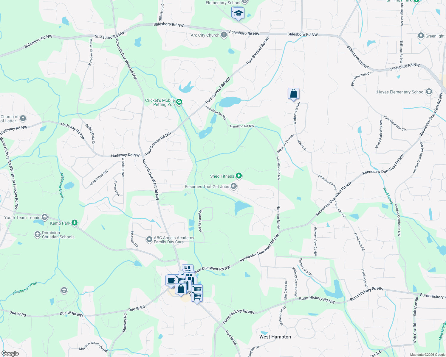 map of restaurants, bars, coffee shops, grocery stores, and more near 3591 Country Estate Drive in Kennesaw