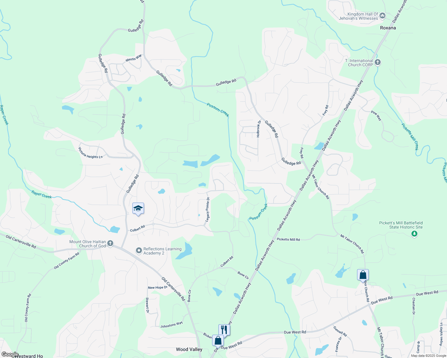 map of restaurants, bars, coffee shops, grocery stores, and more near 151 Possum Creek Lane in Dallas