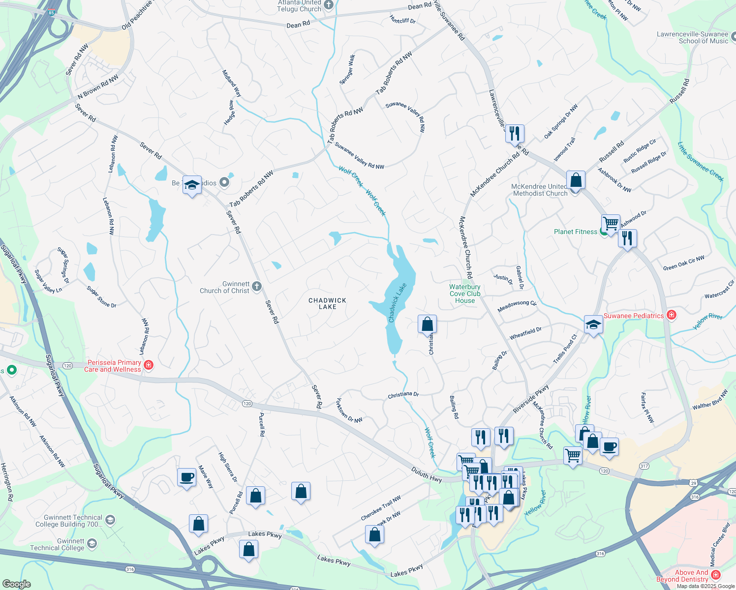 map of restaurants, bars, coffee shops, grocery stores, and more near 1450 Chadberry Way in Lawrenceville