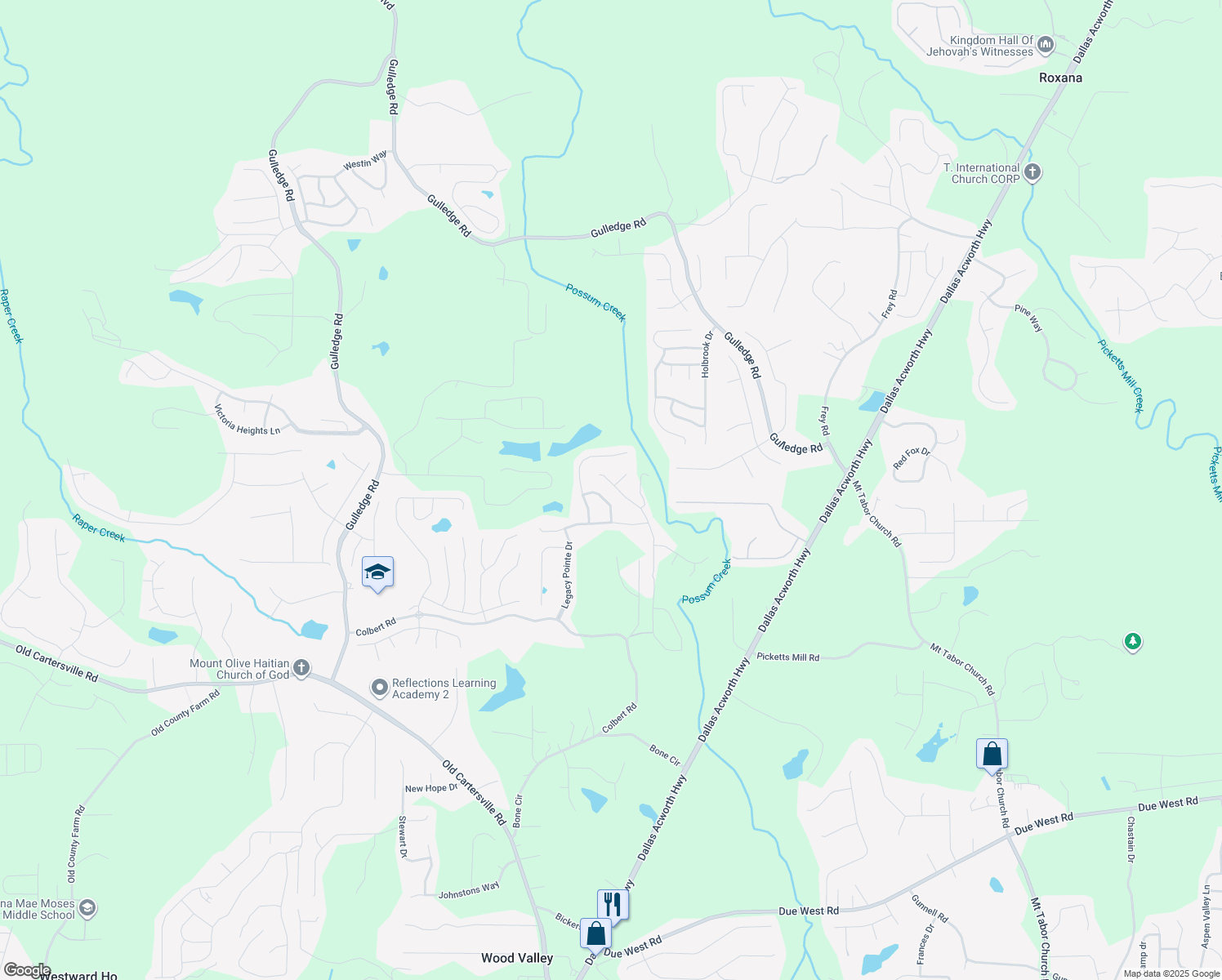 map of restaurants, bars, coffee shops, grocery stores, and more near 126 Possum Creek Lane in Dallas